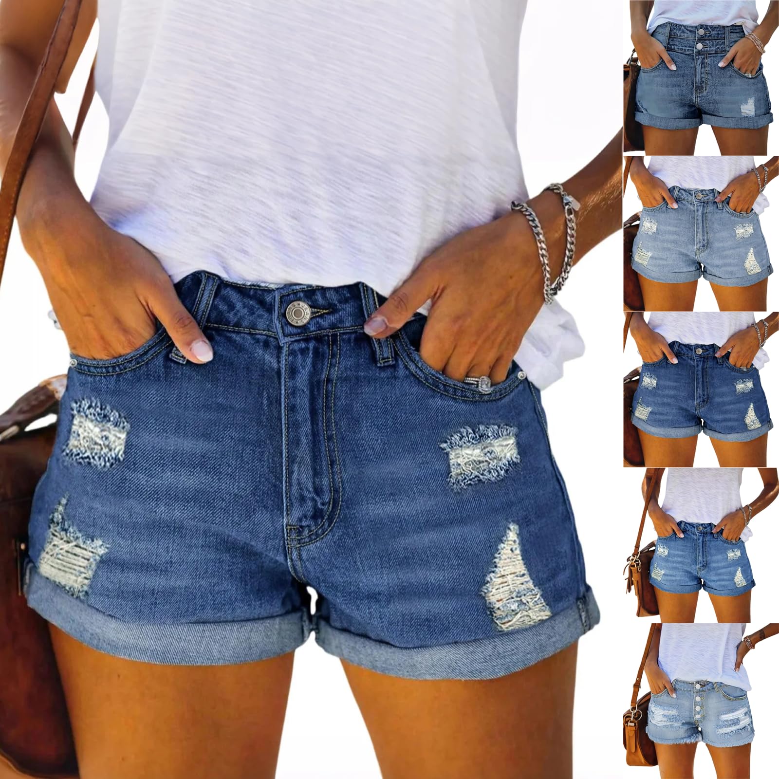 Stretchy Denim Shorts for Women High Rise Pull on Loose Ripped Jean Shorts Rolled Hem Casual Baggy Wide Leg Jorts with Pockets Distressed Frayed Folded Hem Jorts Black Y2k Comfy Summer Short Pants