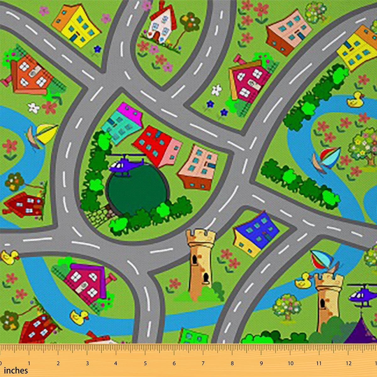 Feelyou Car Race Track Fabric by The Yard, Cartoon Roadway Activity Design Upholstery Fabric, Neighborhood Outdoor Fabric, Modren City Reupholstery Fabric for Chairs, 3 Yard, Green