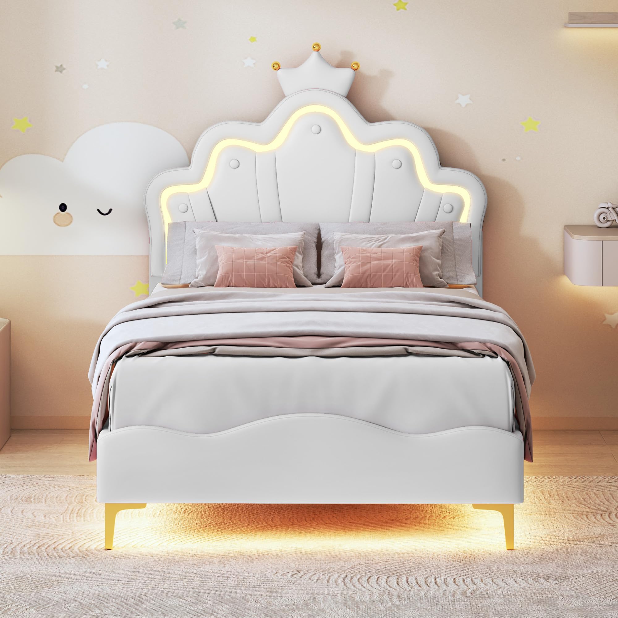 90 x 200 cm cama doble plana de princesa en forma de corona, suave acolchado de piel sintética (blanco+poliuretano (1) + poliuretano, 90 x 200 cm