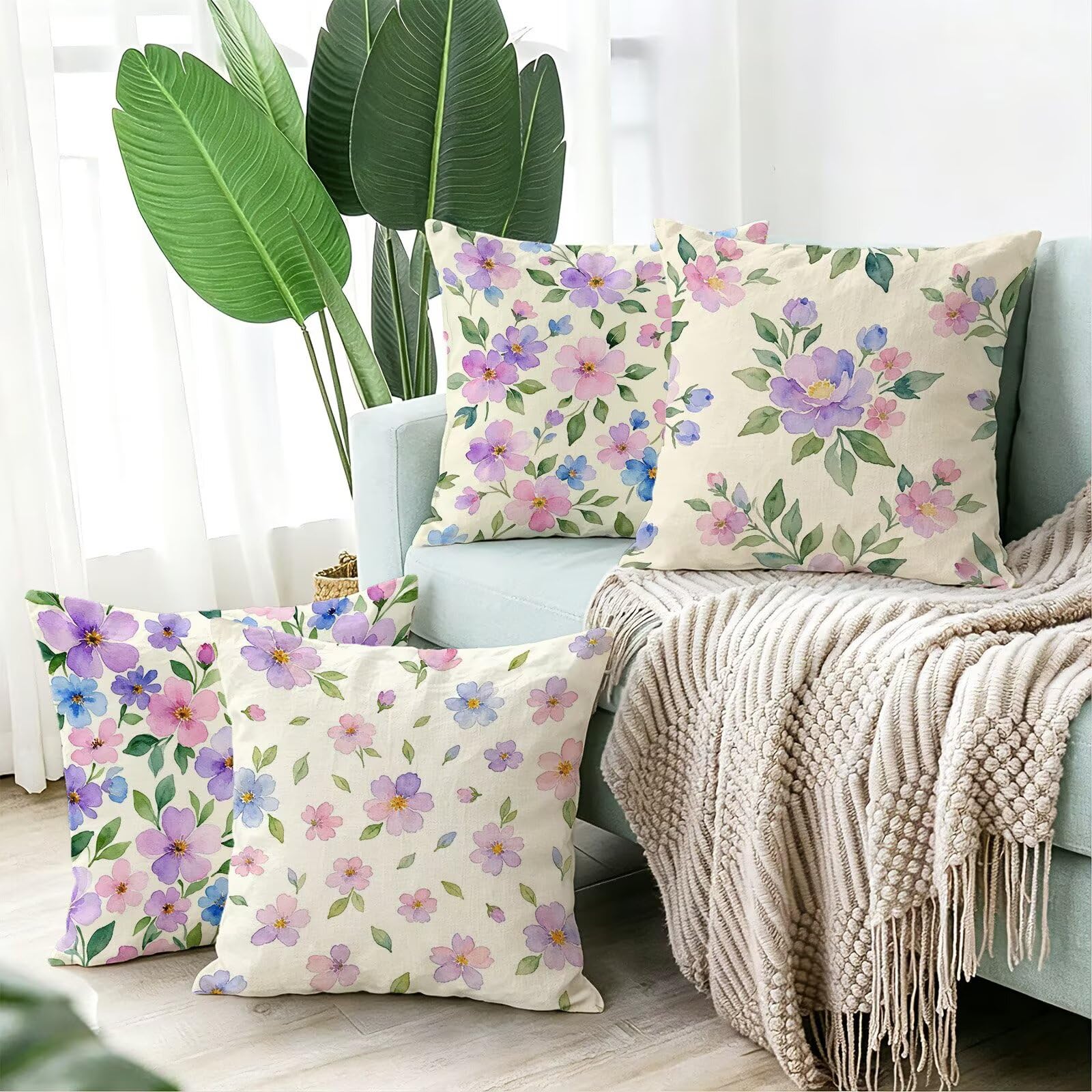 Viola Federe Cuscini Divano 65x65cm, Cuscini da Esterno Set de 4, Cod-100 | Velour Copricuscini Decorativi Letto Arredo, per Letto, Soggiorno, Giardino, Esterno, Casa Decorazione Set di 4 Fiore
