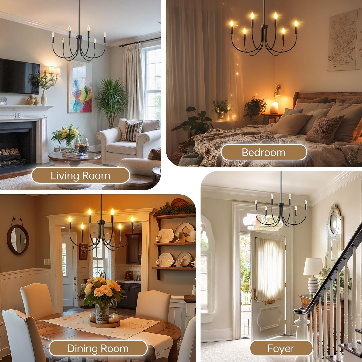 ropelux Dining Room Chandelier, 6-Light Black Farmhouse Light Fixtures Over Table, Hanging Height Adjustable Kitchen Island Lighting with E12 Base (Bulb not Included) for Foyer Bedroom Entryway