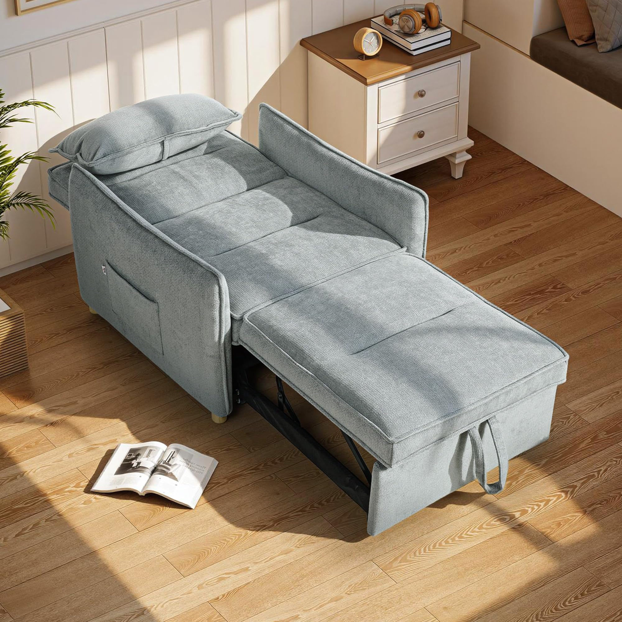 HOMCOM Fauteuil Convertible 1 Place 3 en 1, Fauteuil-lit clic-clac en Chenille avec Assise Large, Dossier réglable, Oreiller et Poches latérales, canapé-lit pour invités, Salon, Petits espaces, Gris