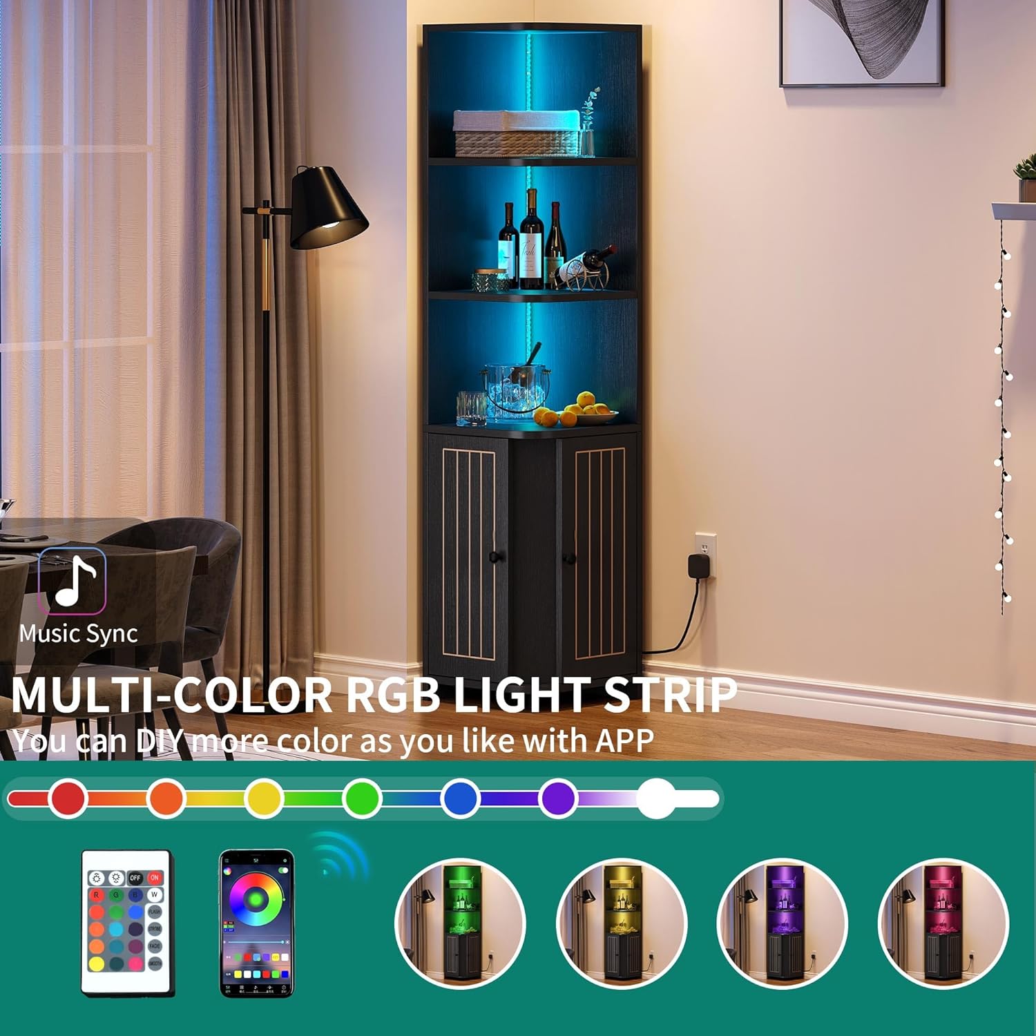Black Adjustable Corner Cabinet with LED Lights and Storage