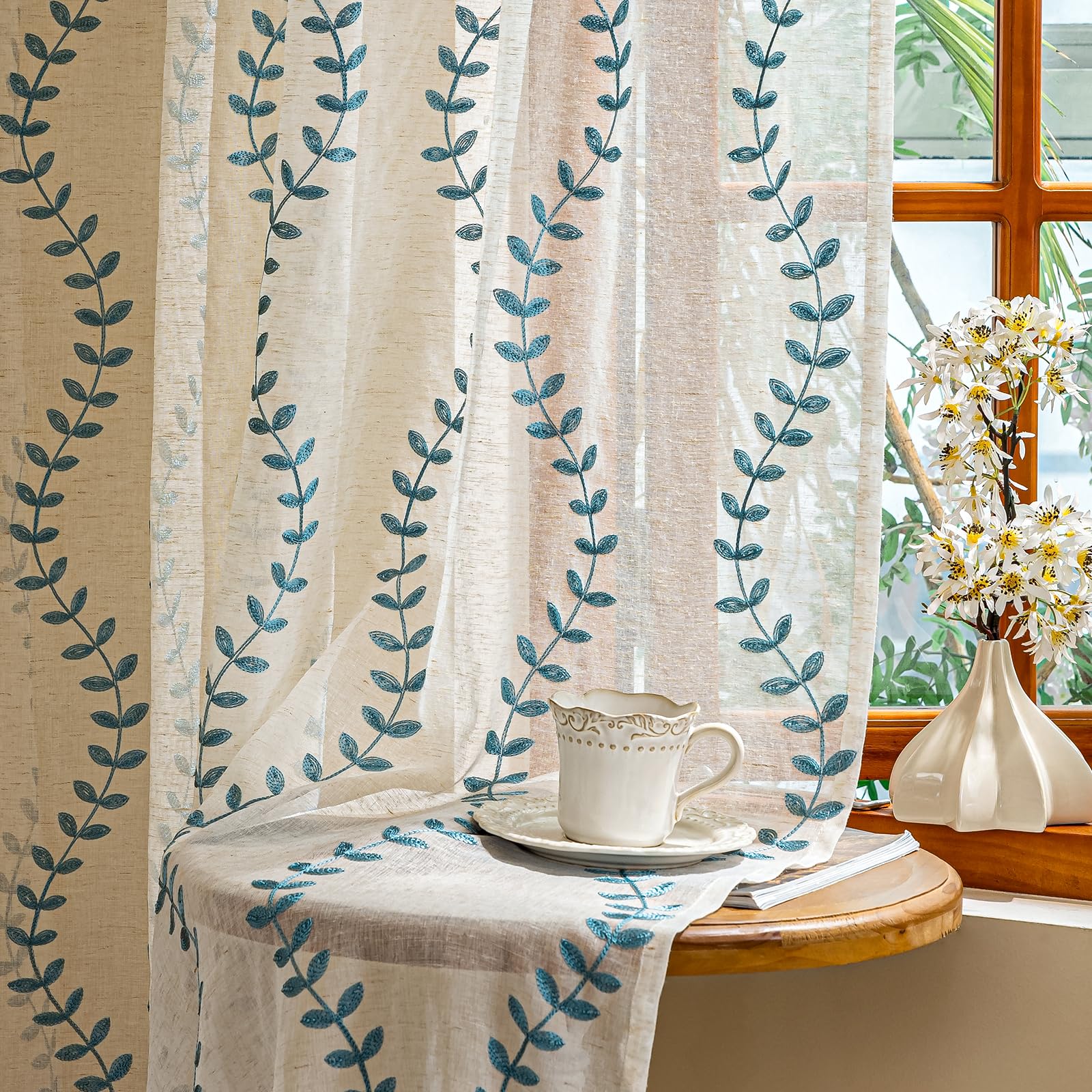 2 Panels Linen Leaf String Floral Embroidered Semi Sheer Curtain Farmhouse Voile Curtains for Living Room Bedroom Window Treatment Teal 52 x 96 Inch