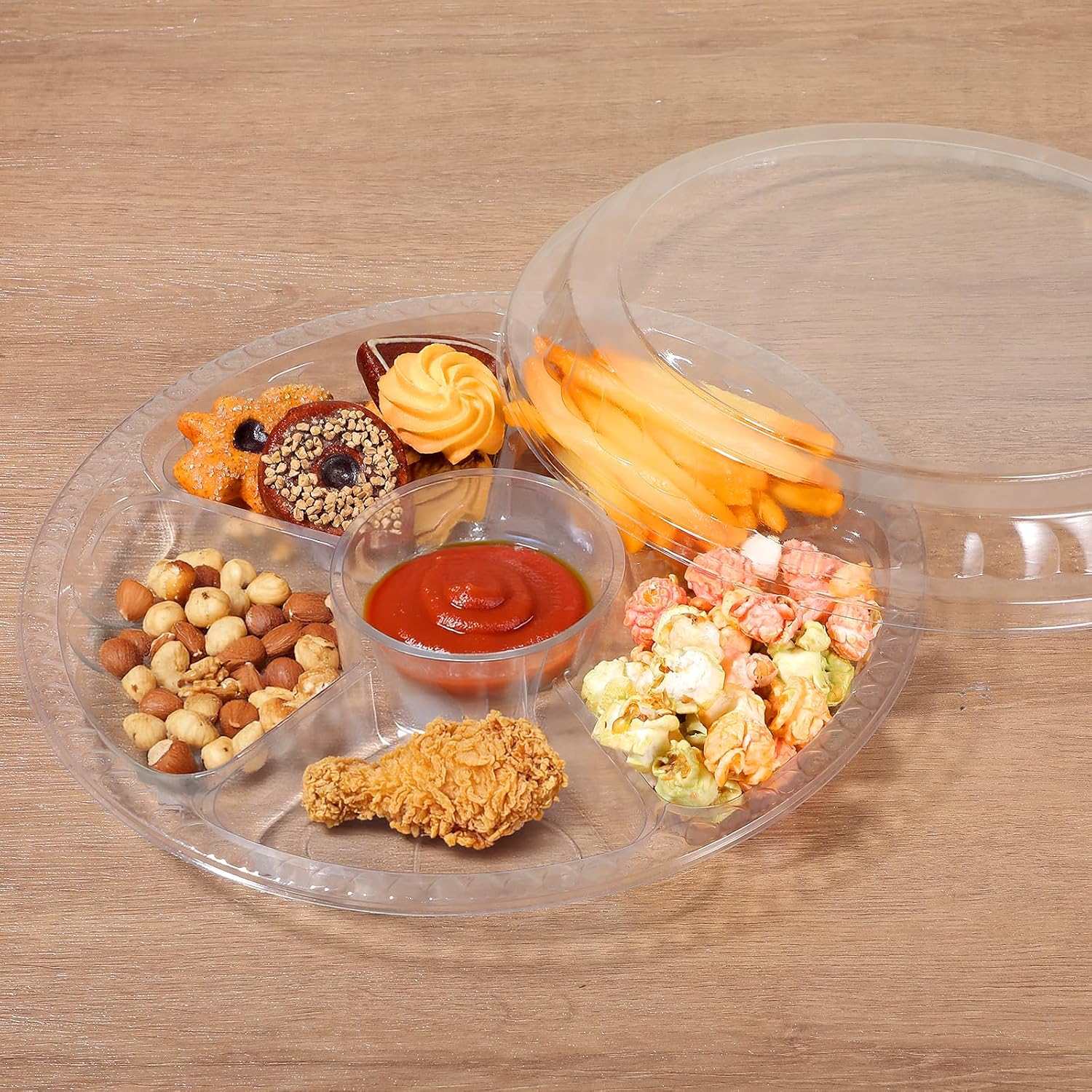 40 Pack Plastic Appetizer Trays with Lids, 10.63” Disposable Round Serving Platters, 6-Compartment Clear Vegetable Fruit Snack Trays for Party Buffet Catering