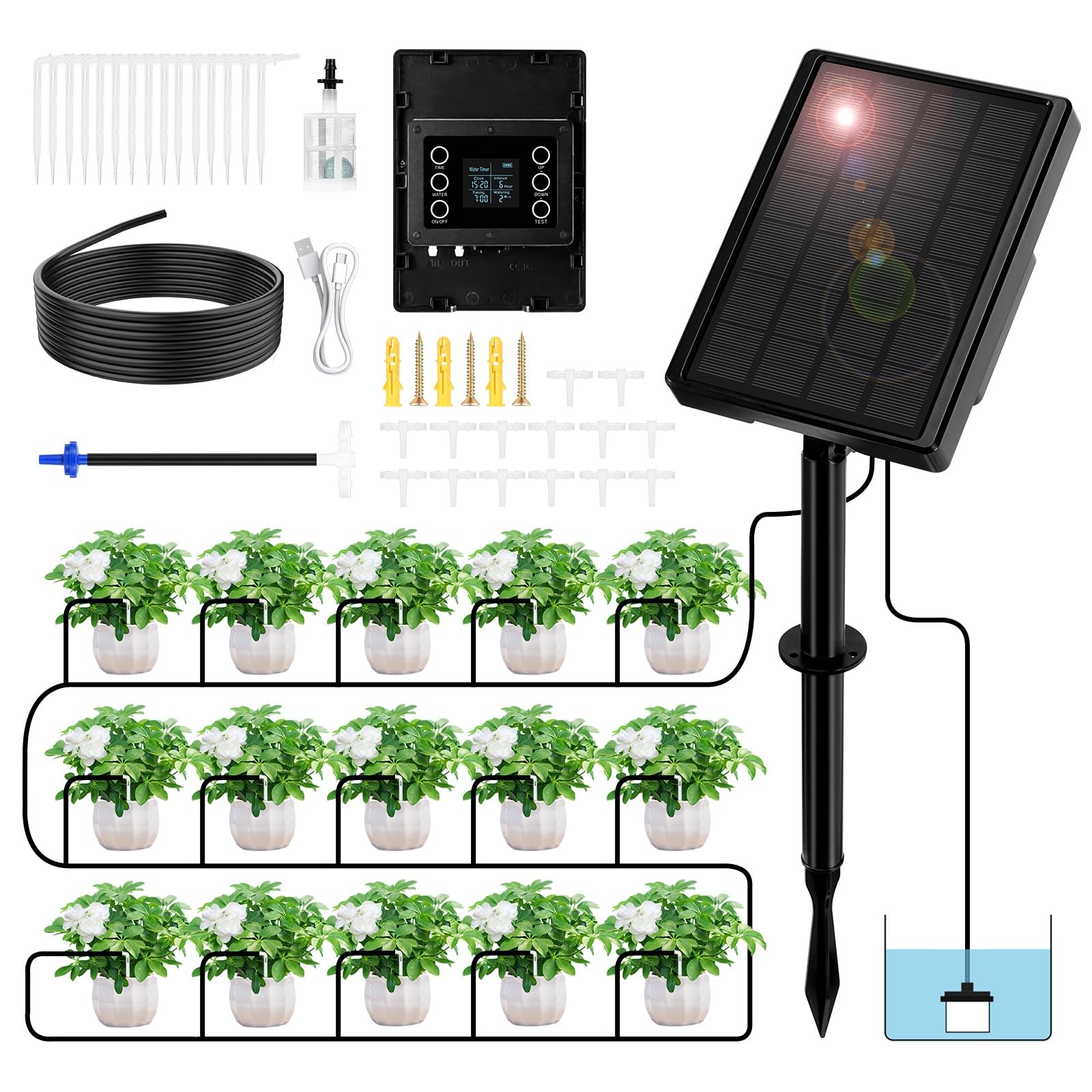 Solar Bewässerungssystem Automatisches Tröpfchenbewässerung System für 15 Topfpflanzen DIY-Bewässerungssystem Garten Pflanzen Bewässerung Set mit Timer für Gewächshaus/Balkon/Innen/Außenbereich