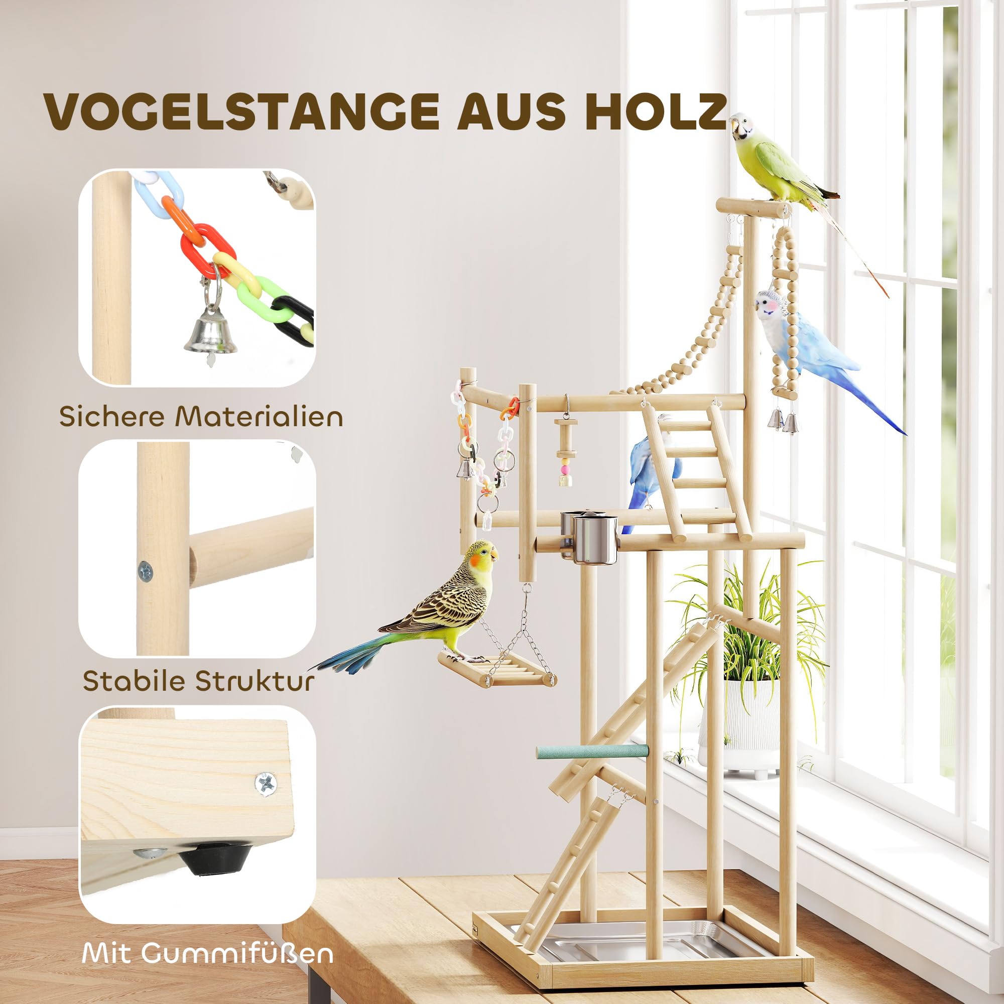 PawHut Plac Zabaw dla Papug, 48 x 38 x 95 cm, Plac Zabaw dla Ptaków z Zabawkami, Tacką ze Stali Nierdzewnej, Conures, Nierozłączek | Plac zabaw dla papugi dla nimf Conures nierozłączne, Parrot Playstand taca ze stali nierdzewnej