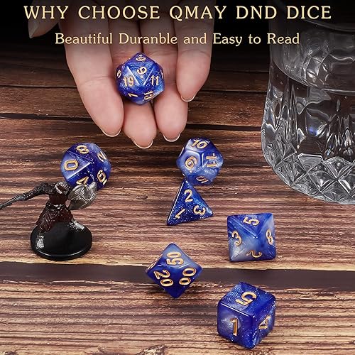 Miniatura 5 de QMAY DND - Juego de dados poliédricos D&D (7 piezas) para Calabozos y Dragones (cielo azul profundo)