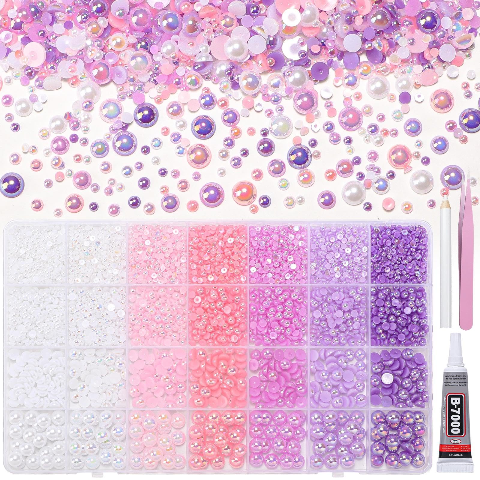 28 Grids Flatback Pearls for Crafting, Pink Purple ABS Pearl for Crafts