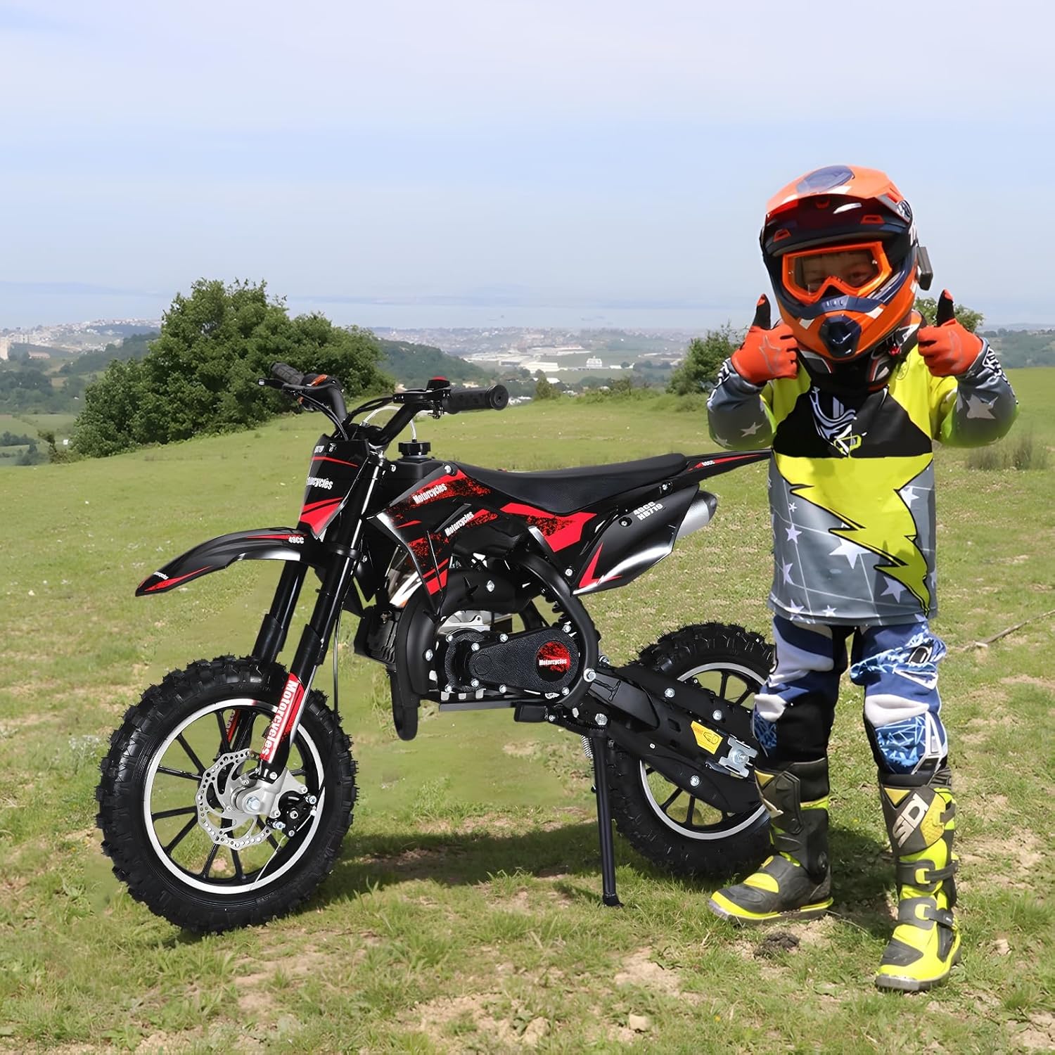 50CC Kids Dirt Bike, 2-Stroke Gas Powered Mini Dirt Bike with 10-Inch Off-Road Tires, Front & Rear Disc Brakes, Max Load 330lbs, Up to 25 Mph, Pull Start Motorcycle Gift for Teens Boys Girls 8-14 Red