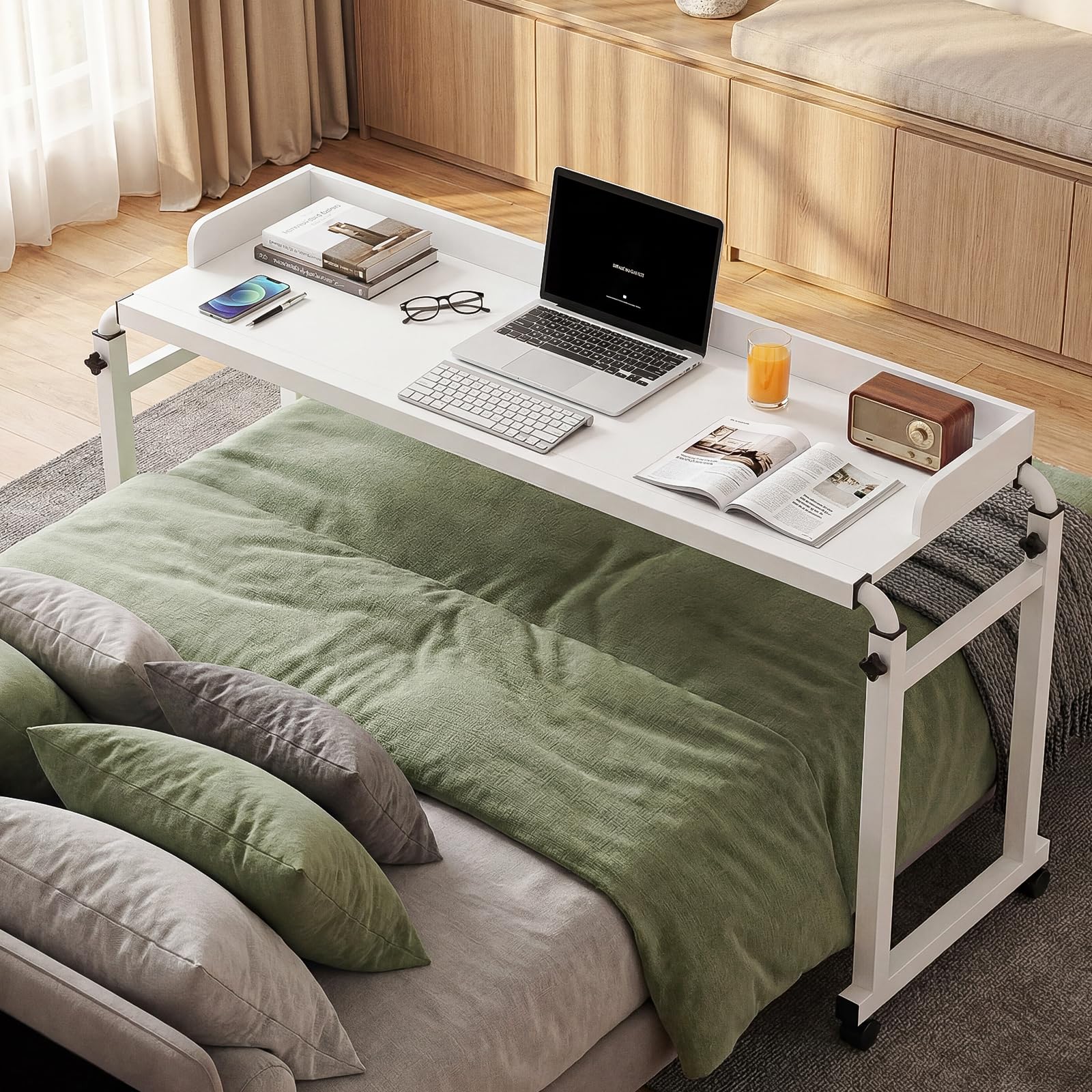 Table de lit réglable en hauteur avec roulettes, 120 à 210 cm, bureau mobile sur lit, canapé ou bureau, support réglable de 65 à 95 cm, chariot mobile pour ordinateur portable, bureau