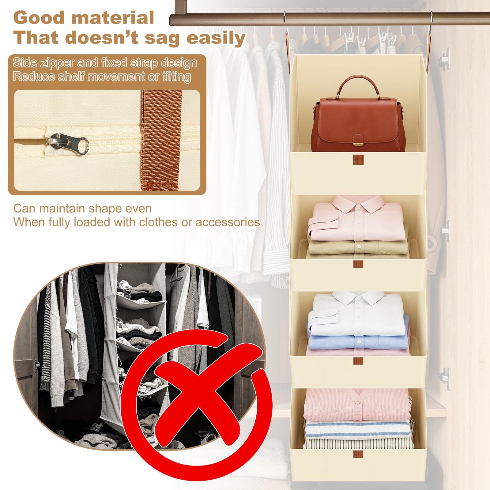 Organizer da appendere, portaoggetti da appendere, gancio in metallo, organizer per armadio | 4 scomparti, in tessuto non tessuto, da appendere, pieghevole e salvaspazio, per camera da letto