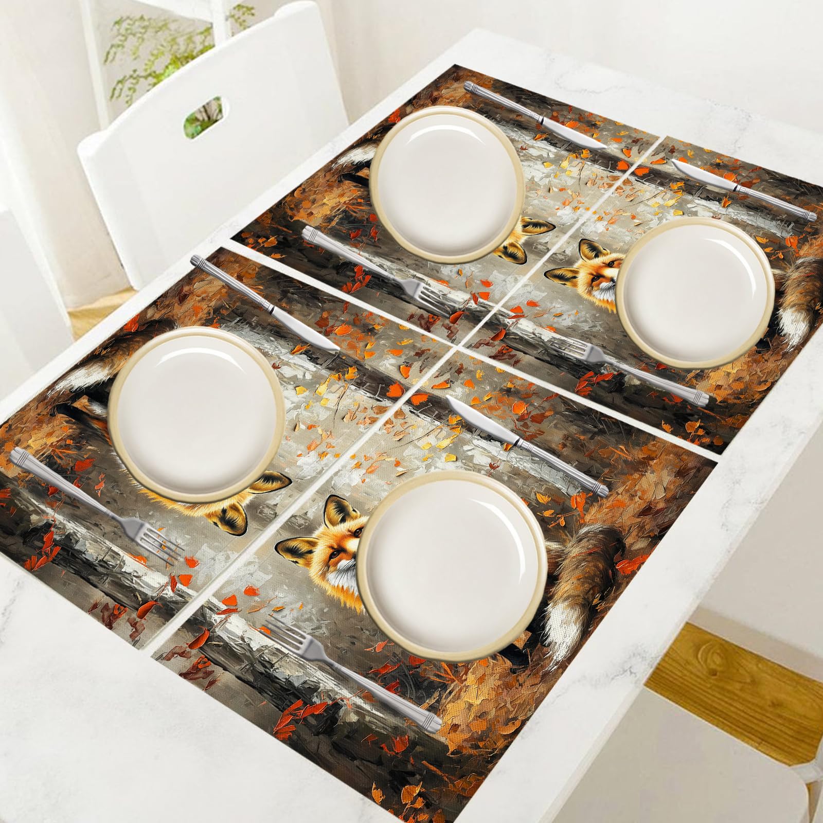 Set di 8 Tovagliette Americane Lavabili Cotone Lino Fumetto - Tovaglietta Americana Stoffa Resistenti al Calore Durevole Volpe della foresta- per Colazione Pranzo