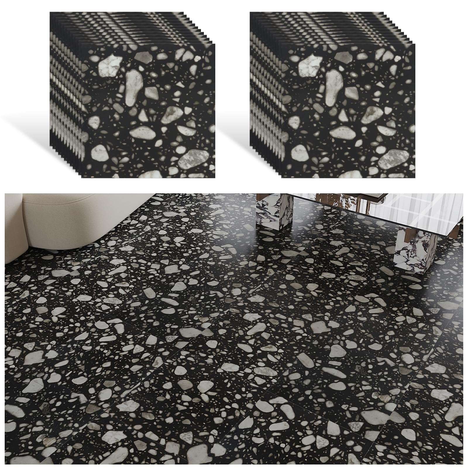 VEELIKE PVC Bodenbelag Terrazzo Schwarz PVC Fliesen Selbstklebend Vinylboden Granit Schwarz Fliesenaufkleber Bodenfliesen Küchen PVC Fliesen Garage Wohnzimmer Schlafzimmer 1.5mm 30cm×30cm 24 Stück