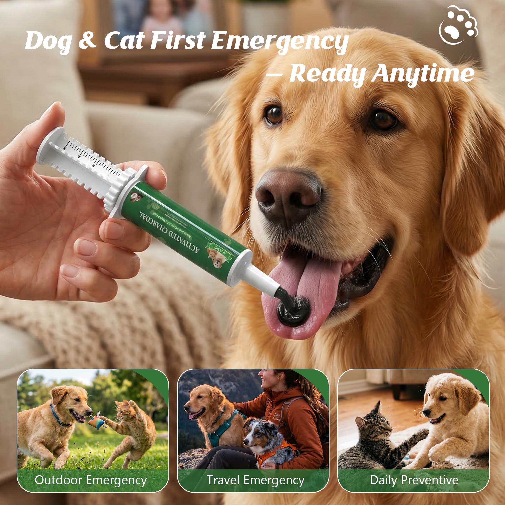 Carbón activado para perros y gatos, kit de emergencia de veneno para mascotas, absorbente de toxinas con carbón de alta actividad y caolín, soporta digestivo de chocolate, uvas, cebollas, uso