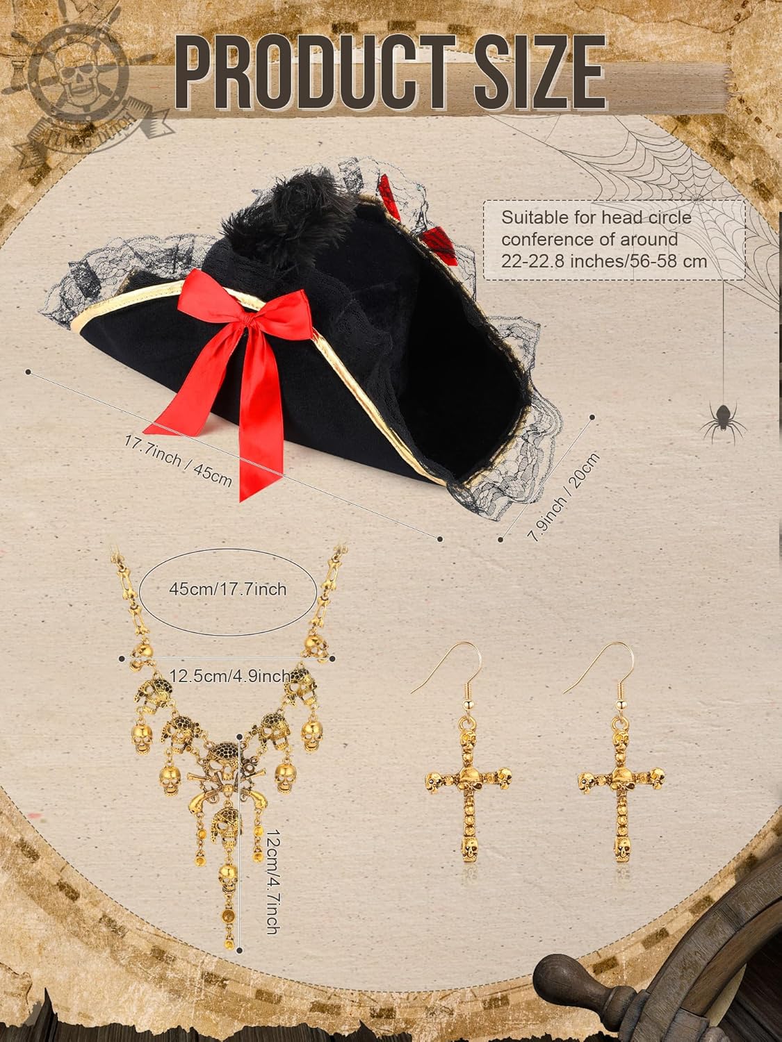 Huquary Women's Pirate Costume Accessory Set - 5 Pcs Includes Hat, Jewelry, Earrings, Necklace, Eye Patches for Adult Women's Halloween Costume