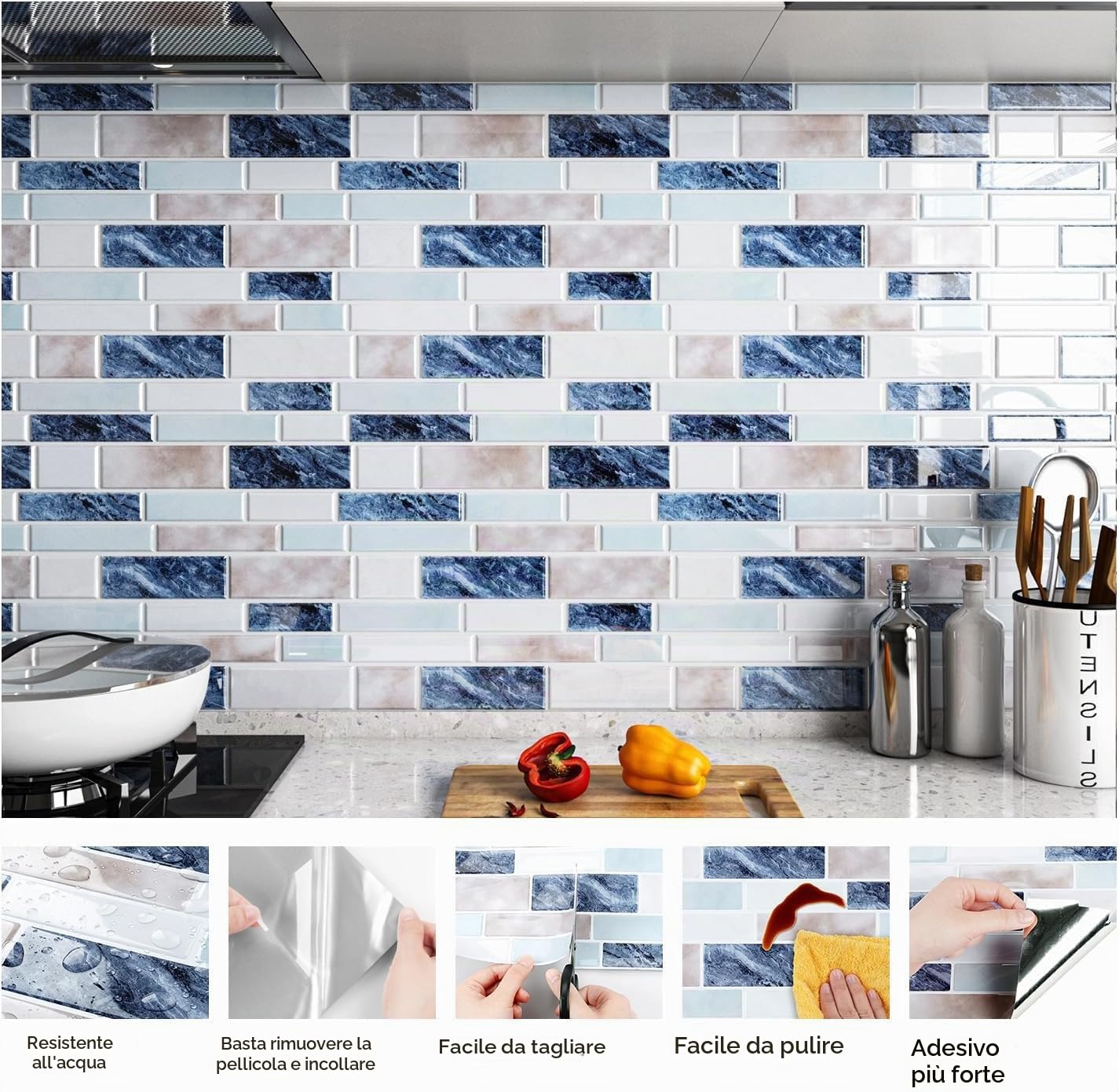 FunStick Piastrelle Adesive Bagno Effetto Marmo Adesivi per Mattonelle Cucina Lavabile Mattonelle Adesive Bagno Blu Marmo Paraschizzi Cucina Adesivo Muro 30×30CM 15 Piastrelle Decorative da Parete