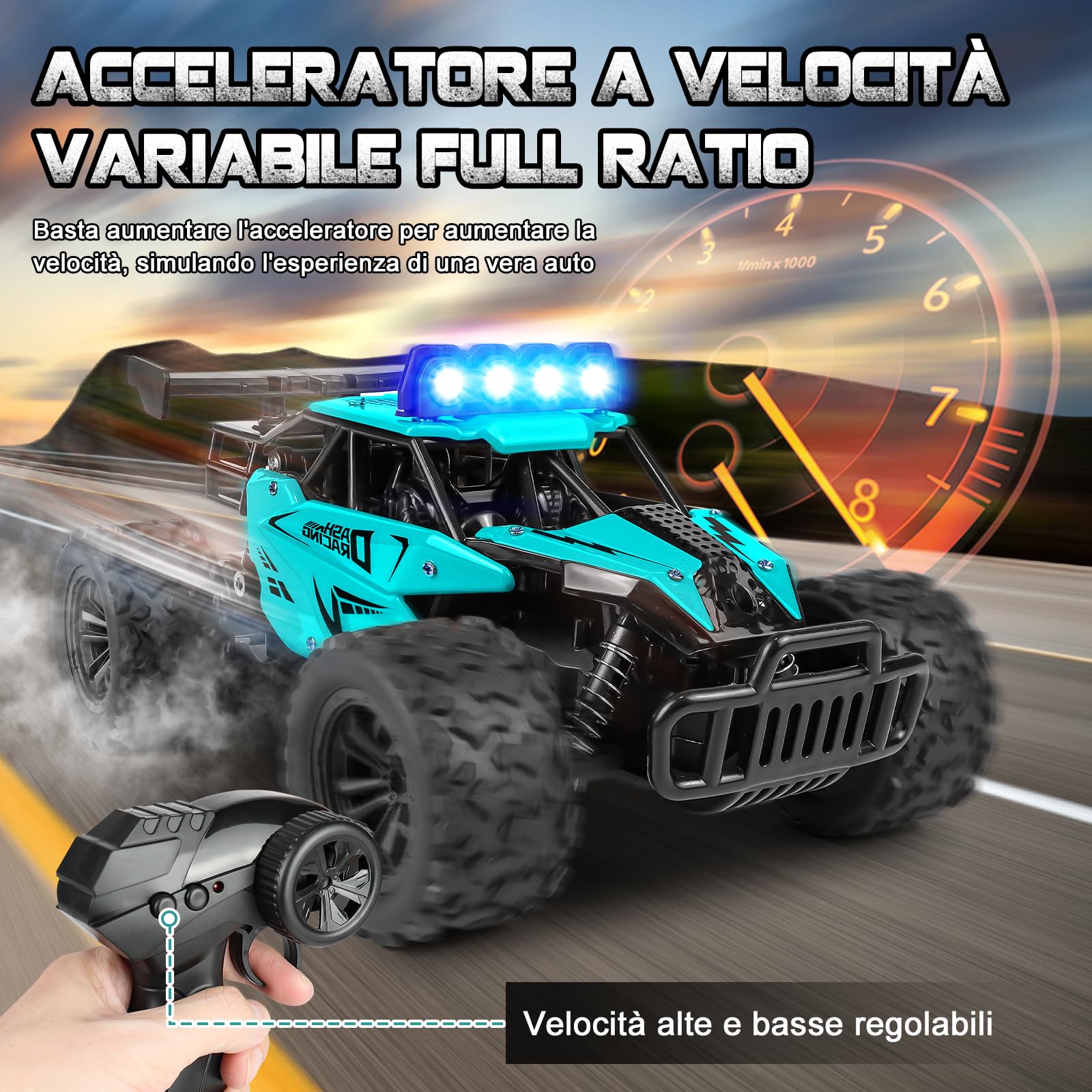 Joellfuner Macchina Telecomandata per Bambini, 2.4Ghz 1:16 Macchina Radiocomandata con Luce LED Quattro Colori, 20KM/H Monster Truck Telecomandato con marce alte e basse per bambini 3+ anni (Ciano)