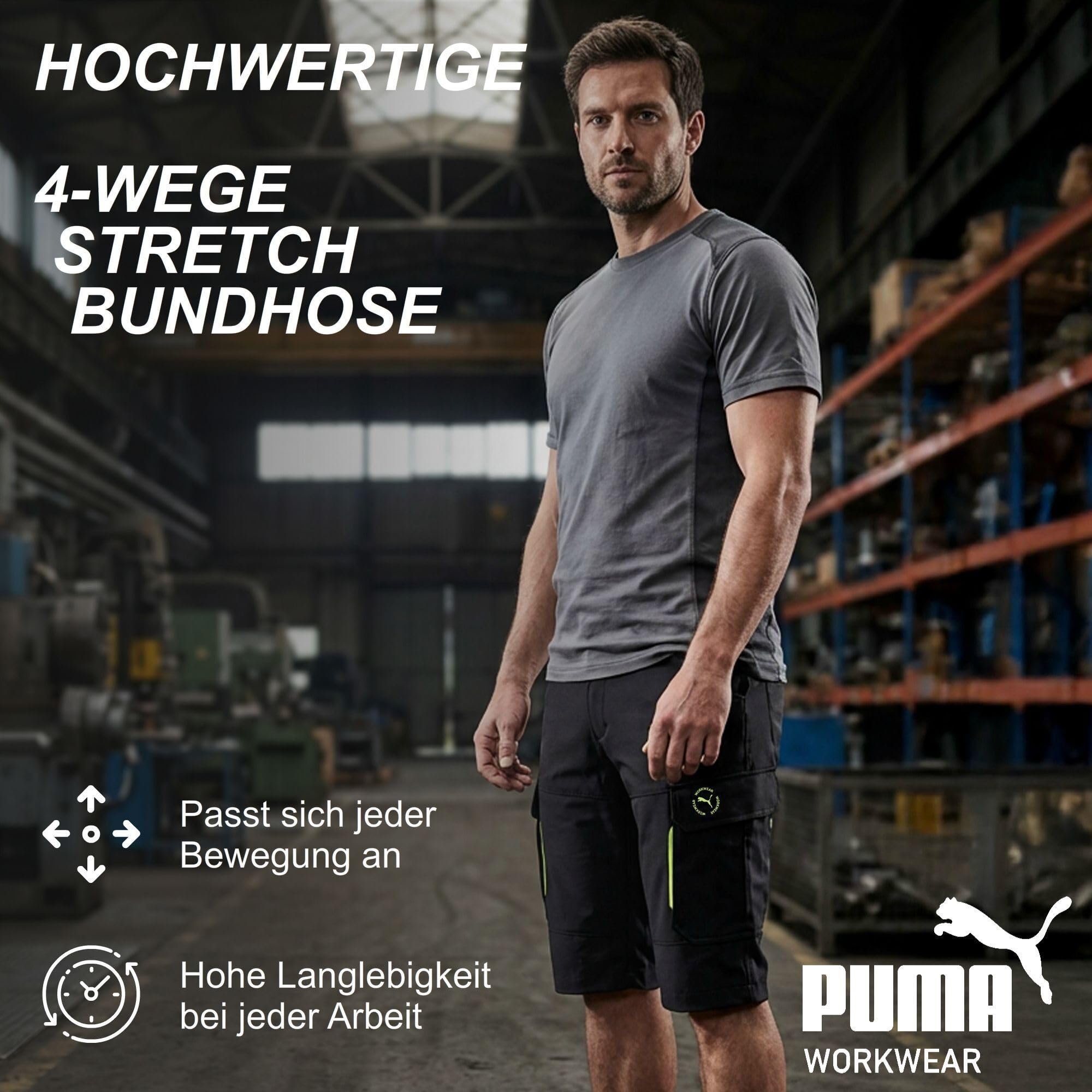 PUMA Workwear krótkie spodnie robocze męskie – z 4-kierunkowym stretchem – wytrzymałe szorty ze wzmocnionymi kieszeniami dzięki 100% nylonowi i gumowemu ściągaczowi – podwyższona część pleców
