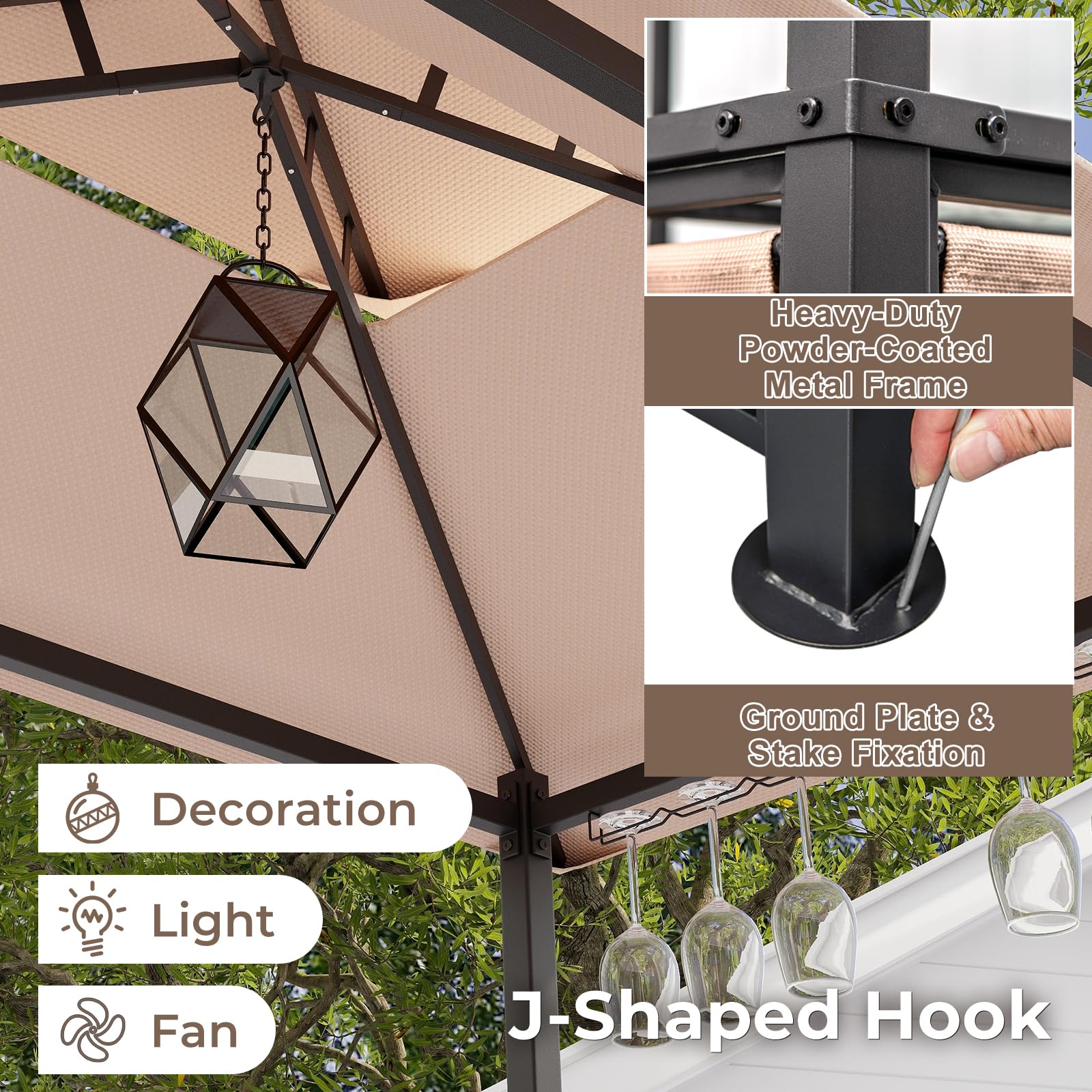 HOMASIS Gazebo de Barbacoa y 2 taburetes de Bar, Cenador de Exterior Duradero, Doble Techo con Cristal Templado, Juego de Bar de jardín Resistente a la Lluvia y al Fuego, 194x121x242 cm (Café)