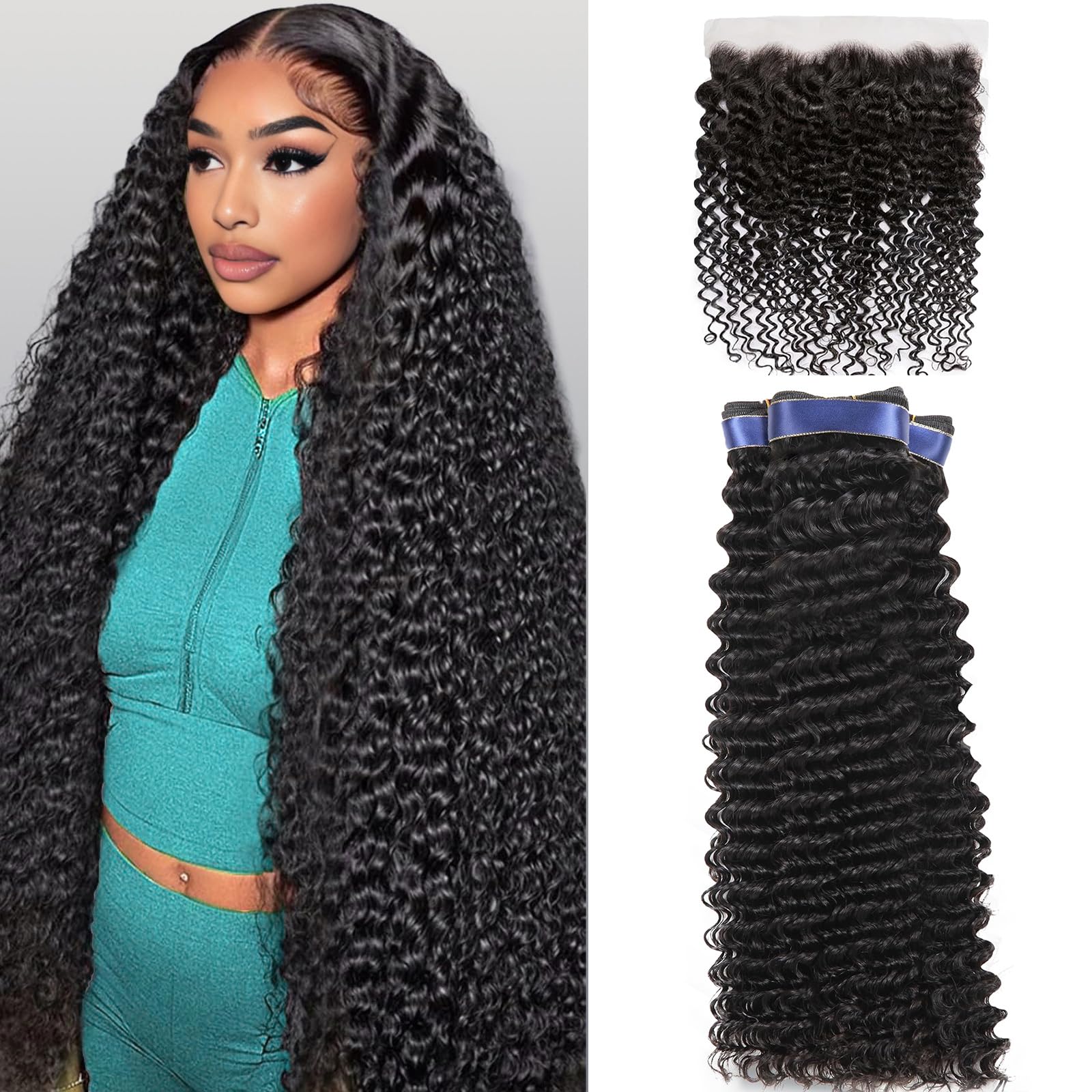 Human Hair Bundles Deep Wave Bundles Human Hair with Frontal Closure (26 28 30+20, Free Part) 16A Wet and Wavy Curly 3 Bundle with 13x4 HD Lace Frontal 100% Brazilian Raw Hair Extensions Natural Black