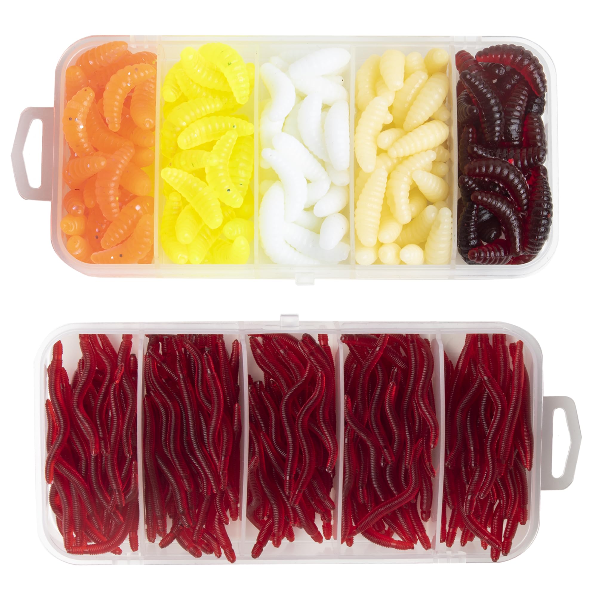 Accjzzlyn 350 Pieces Artificial Bait Worm Earthworms Fishing Bait Box Set, Artificial Bait Worms Fish Trout Bait Rubber Set for Trout, Perch, Pike (150 Maggots + 200 Earthworms)