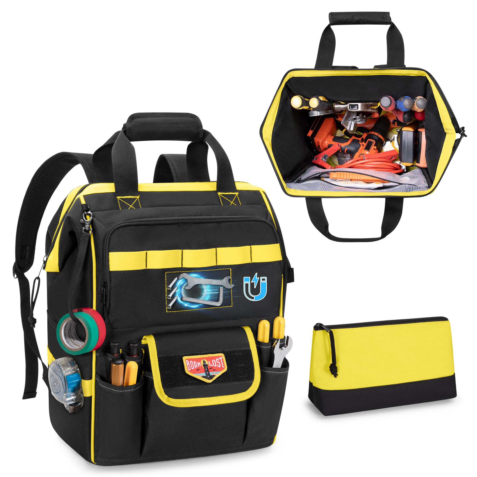Rexmica Tool Bag Backpack with Zipper Pouch and Magnetic Attraction Area Heavy-Duty Tool Storage Organizer Bag Tactical Work