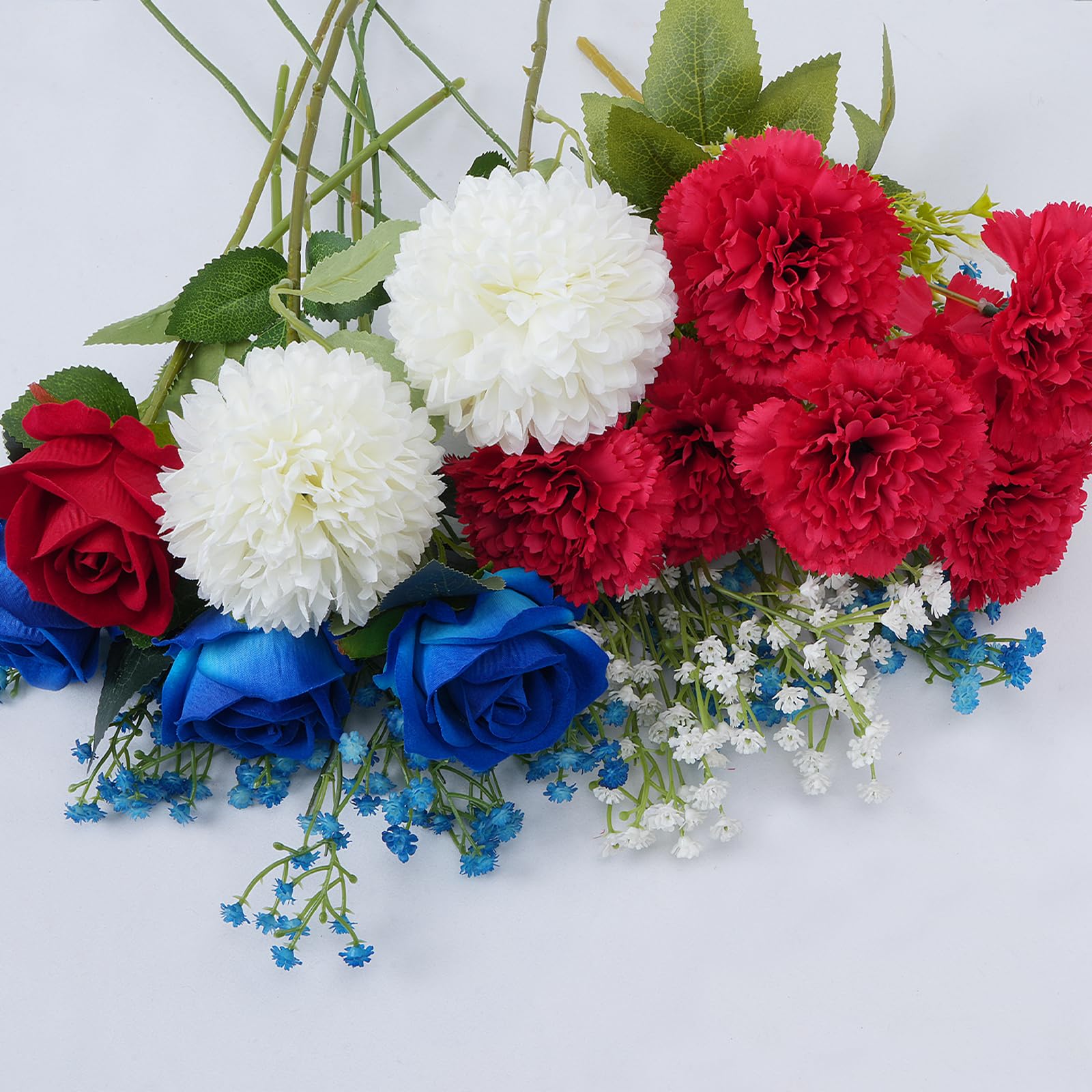 Floweroyal Künstliche Samtrosen Rot-weiß-blau – 15 Stück, Ca. 48 Cm Lang, Für 4. Juli, Patriotische Deko, Tischarrangements