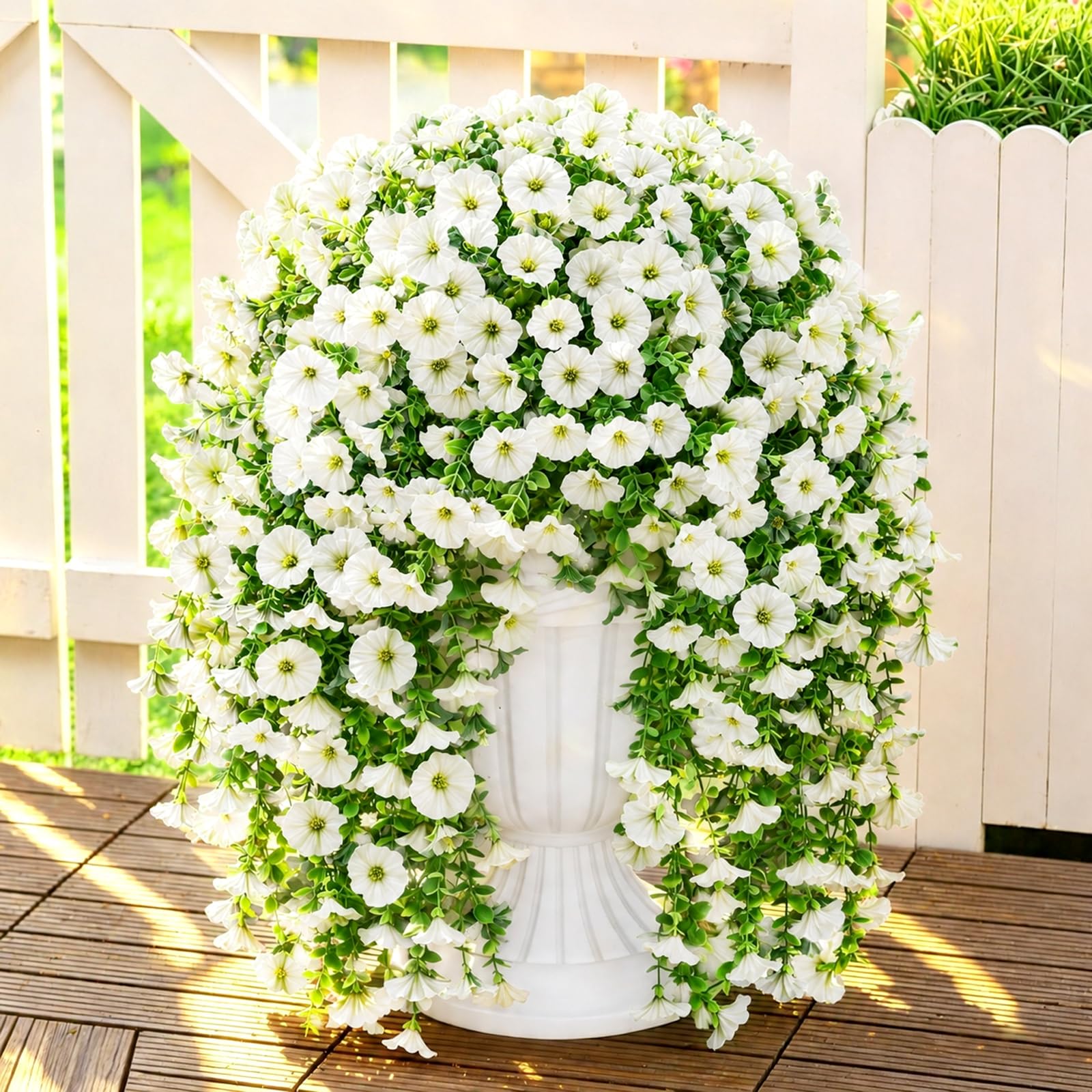 4Pcs Artificial Hanging Flowers Outdoor, Fake Trailing Plants Morning Glory Decoration UV-Resistant for Hanging Baskets - Spring Decor Garden Porch Wedding, Drooping Design for Pots & Patio (White)