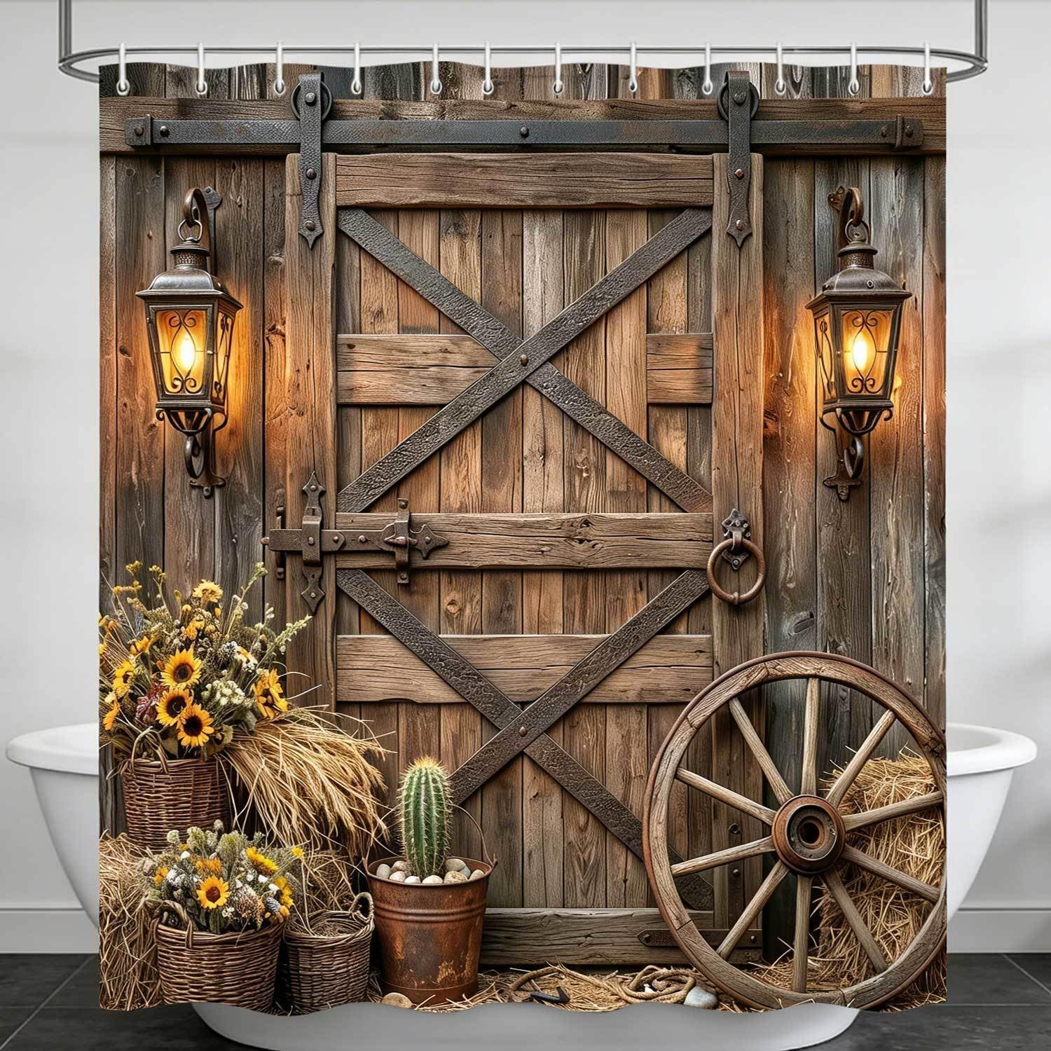Wooden Barn Door Shower Curtain, Rustic Wooden Garage Door Shower Curtain Vintage Wood Farmhouse Shower Curtain, Country Barn Door Shower Curtain with Hooks, 72X78 Inch, Grey