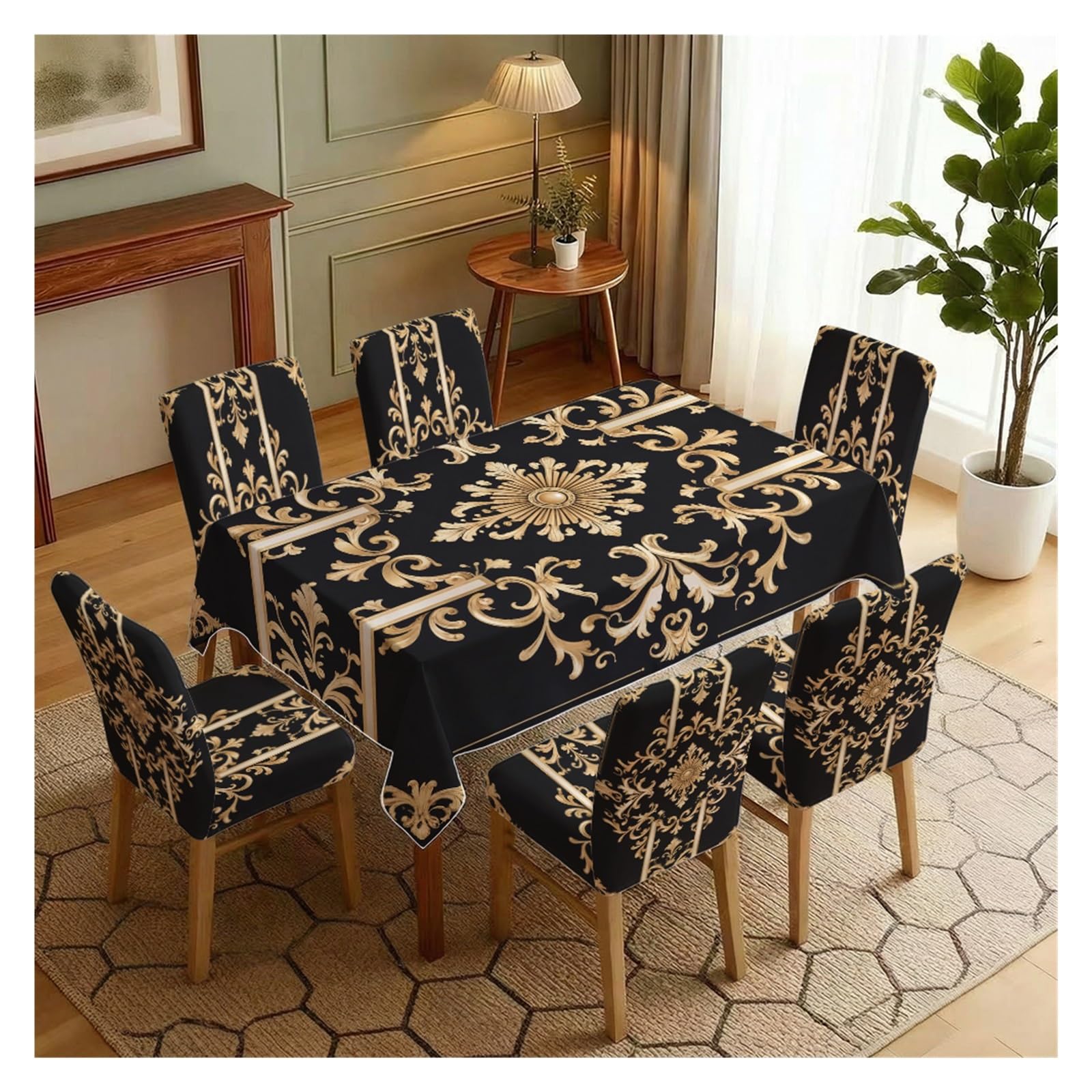 KXUAUV Black & Gold Baroque Print Tablecloth & Chair Covers Set, Slipcovers For Dining Room, Kitchen, Banquet & Gothic Decor, 5/7 Pack Party Decor(7pcs Set: Tablecloth+Chair Covers)