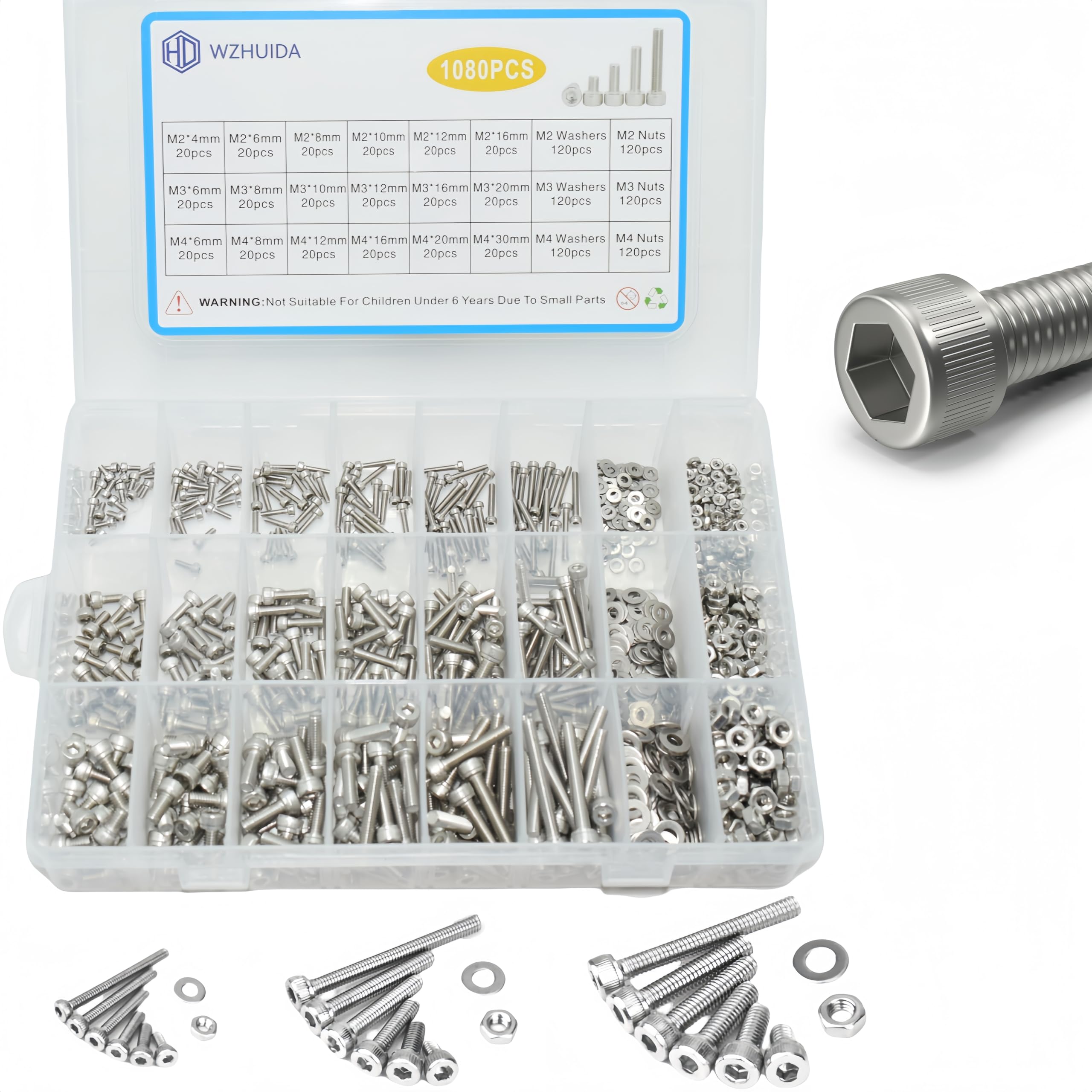 WZHUIDA 1080Pcs M2 M3 M4 Metric Screw Assortment, Hex Socket Head Cap Screws Bolts and Nuts Kit, 304 Stainless Steel Nut and Bolt Set with 3 Hex Wrenches
