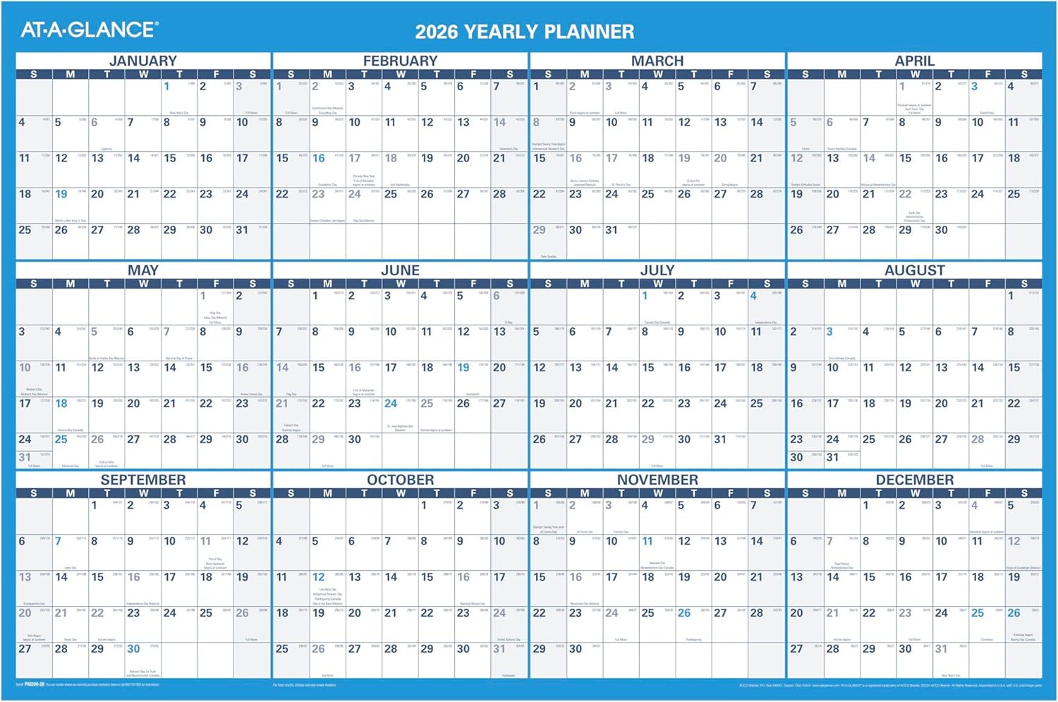 AT-A-GLANCE 2026 Erasable Calendar, Dry Erase Wall Planner, 36" x 24", Large, Horizontal, Reversible (PM2002826)