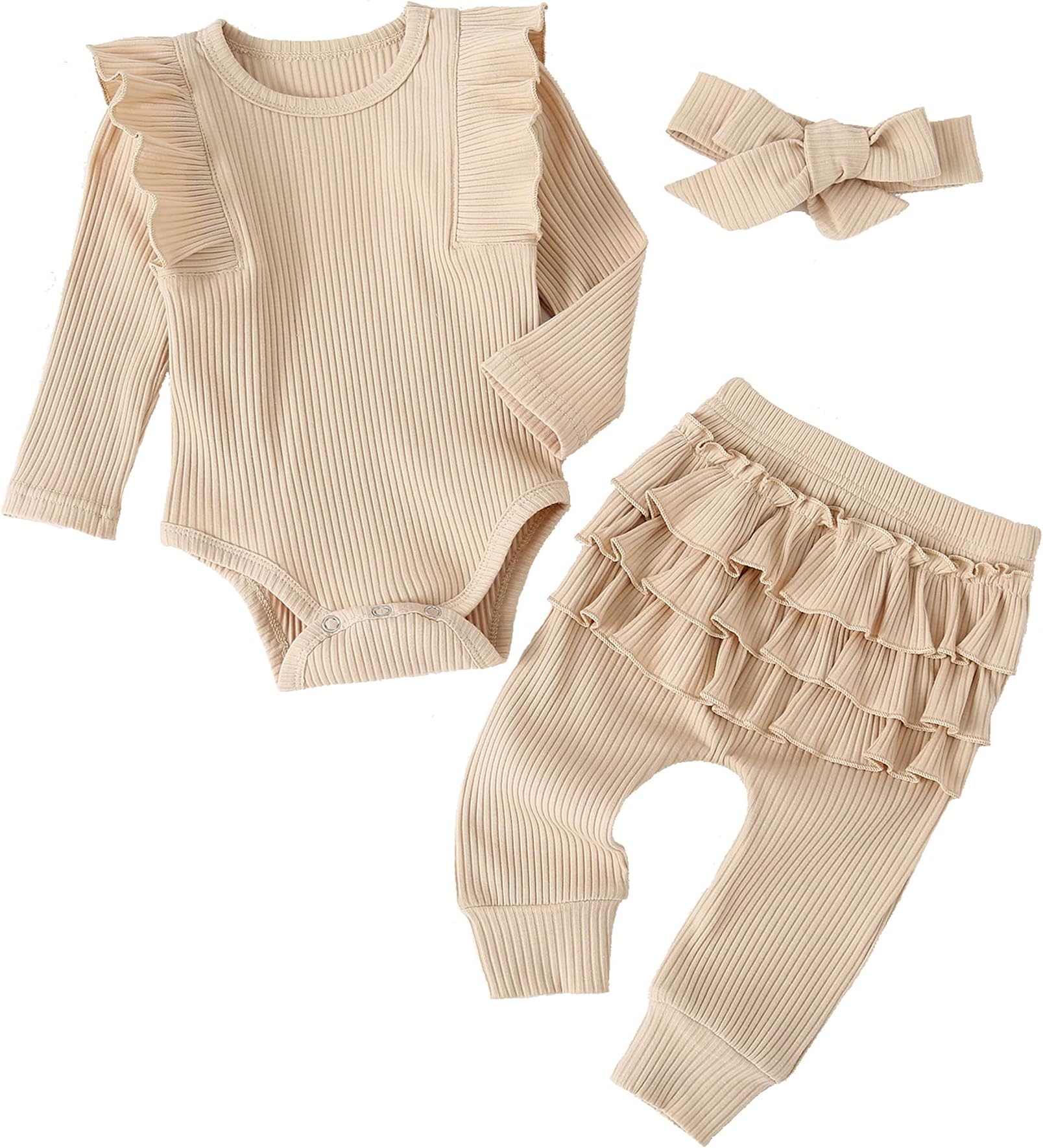 FullfamousBaby Girl's 3pc Rib Frill Long Sleeve Romper and Pant Set