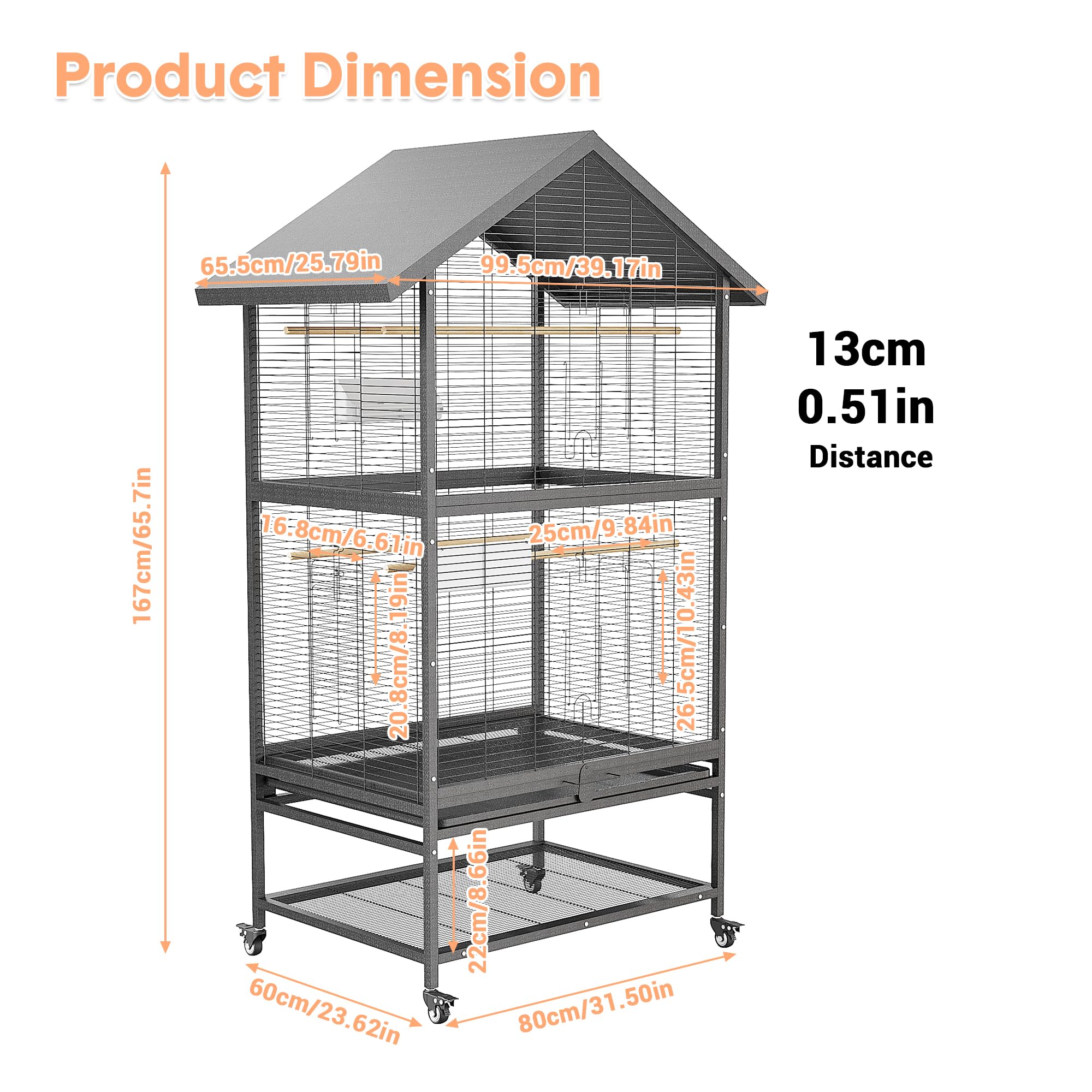 65,7 Zoll Großer Vogelkäfig mit Rollen, Flugkäfig für Sittiche mit 4 Metallfutterspendern, Holz-Sitzstangen und Ablagebrett – Robust & Sicher