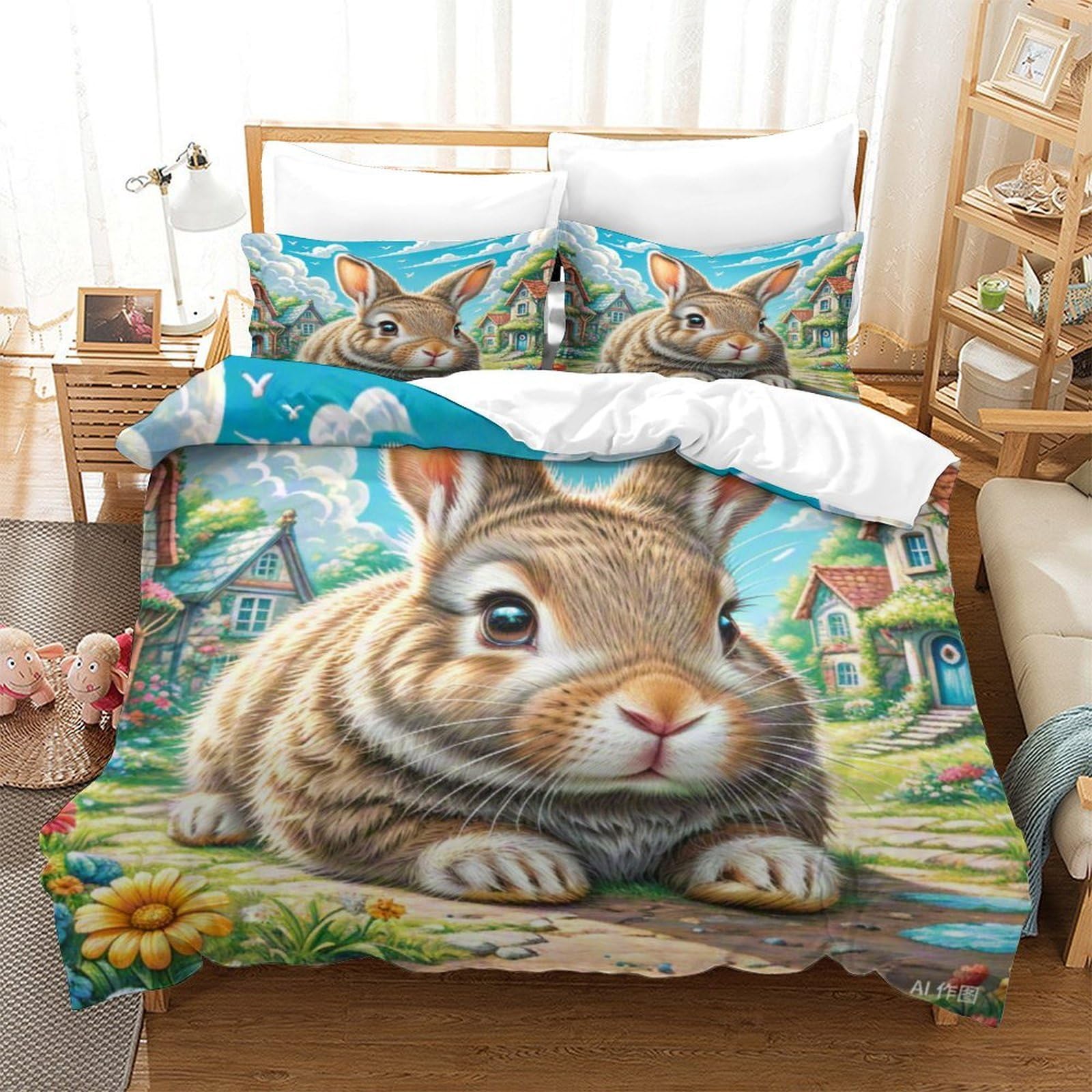 Parure de lit lapin nain 3D en microfibre douce avec fermeture éclair cachée pour lit enfant