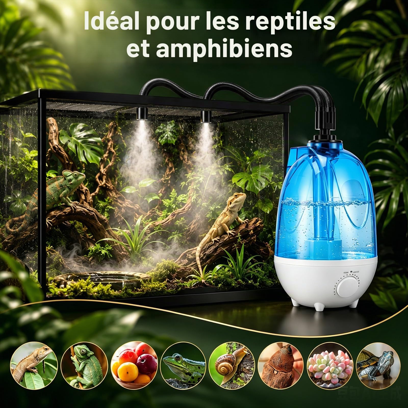 Brumisateur Terrarium 4L, Système de Brumisation 300mL/h avec Tuyau Réglable, 7 Couleurs de Veilleuse, Protection Anti-fonctionnement à Sec, Ultrasonique Humidificateur pour Reptiles Double Buse