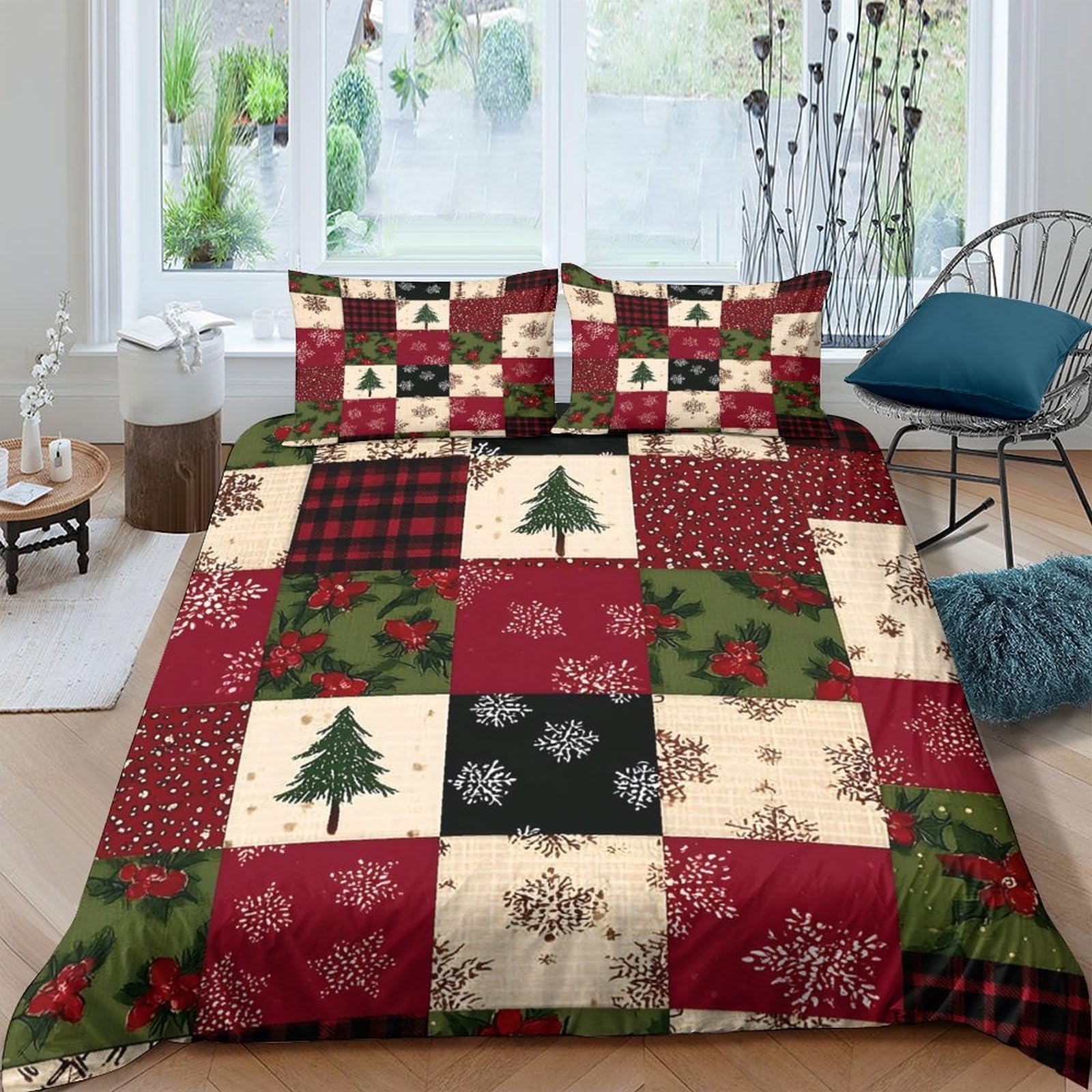 Ctjqhvkz Style-9 3D Printed Christmas Patchwork Fitted Sheet Microfiber Red Green Tree Snowflake Bed Cover For Bedroom Holiday Decor Single（135X200cm）
