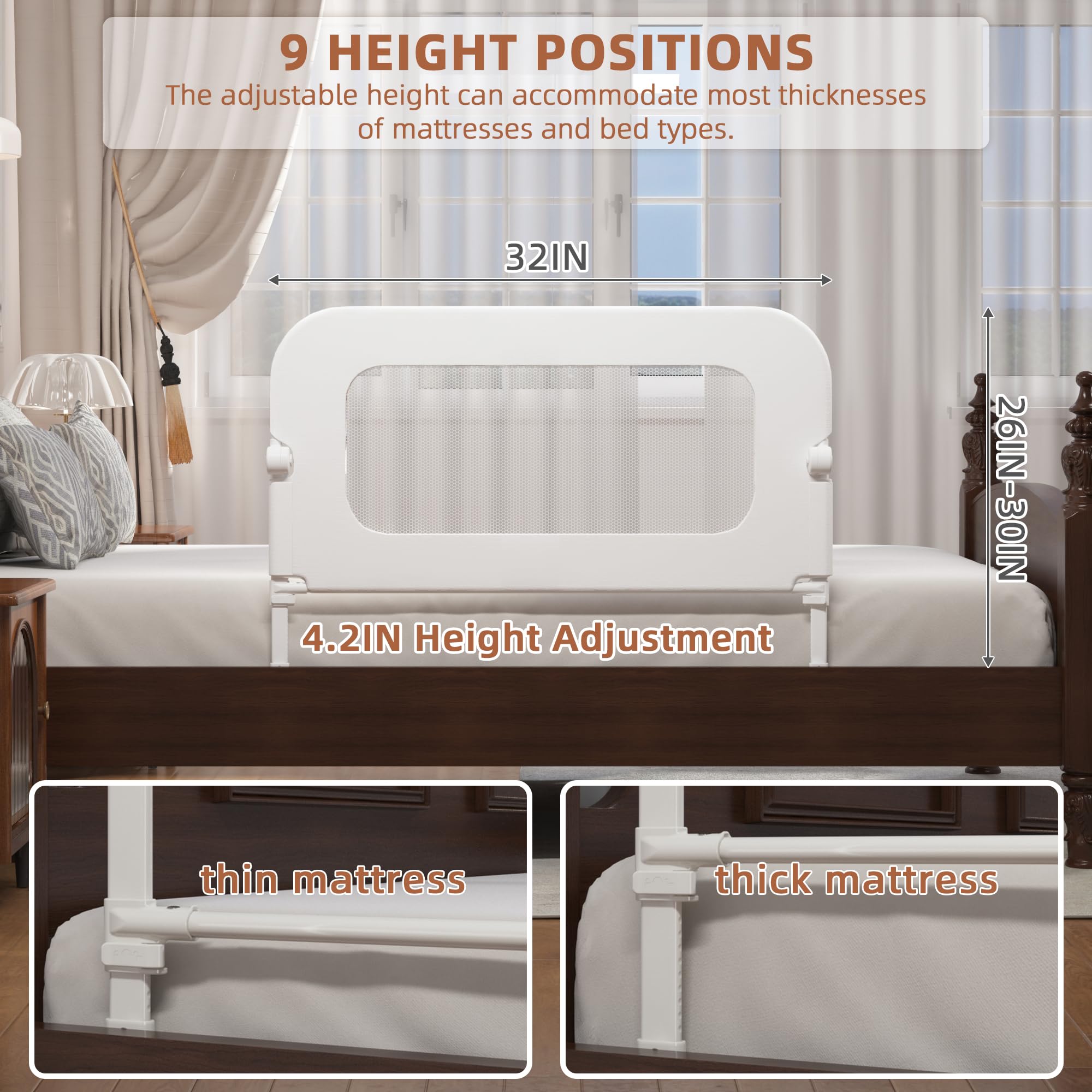 FigTime Barandilla de cama para niños pequeños, protector de barandilla de cama de bebé para niños, barandillas de cama para niños pequeños con ajuste de anclaje reforzado, altura ajustable y plegable