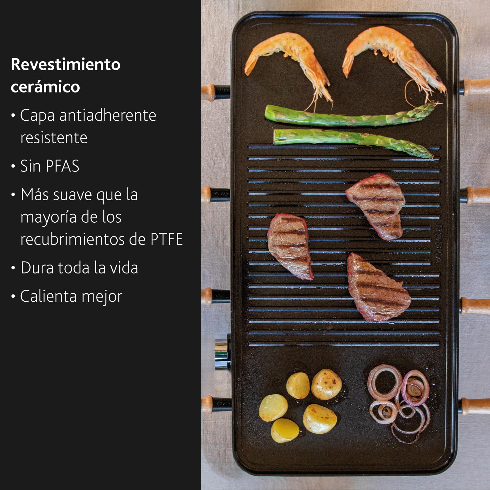 BOSKA Raclette Grill 8 Personas 1400 W - Plancha Eléctrica con Placa Cerámica PFAS Libre - Placa Reversible Antiadherente - Termostato Ajustable - Parrilla de Mesa - Negro | Plancha raclette con placa reversible, 8 sartenes, revestimiento sin PFAS y acaba