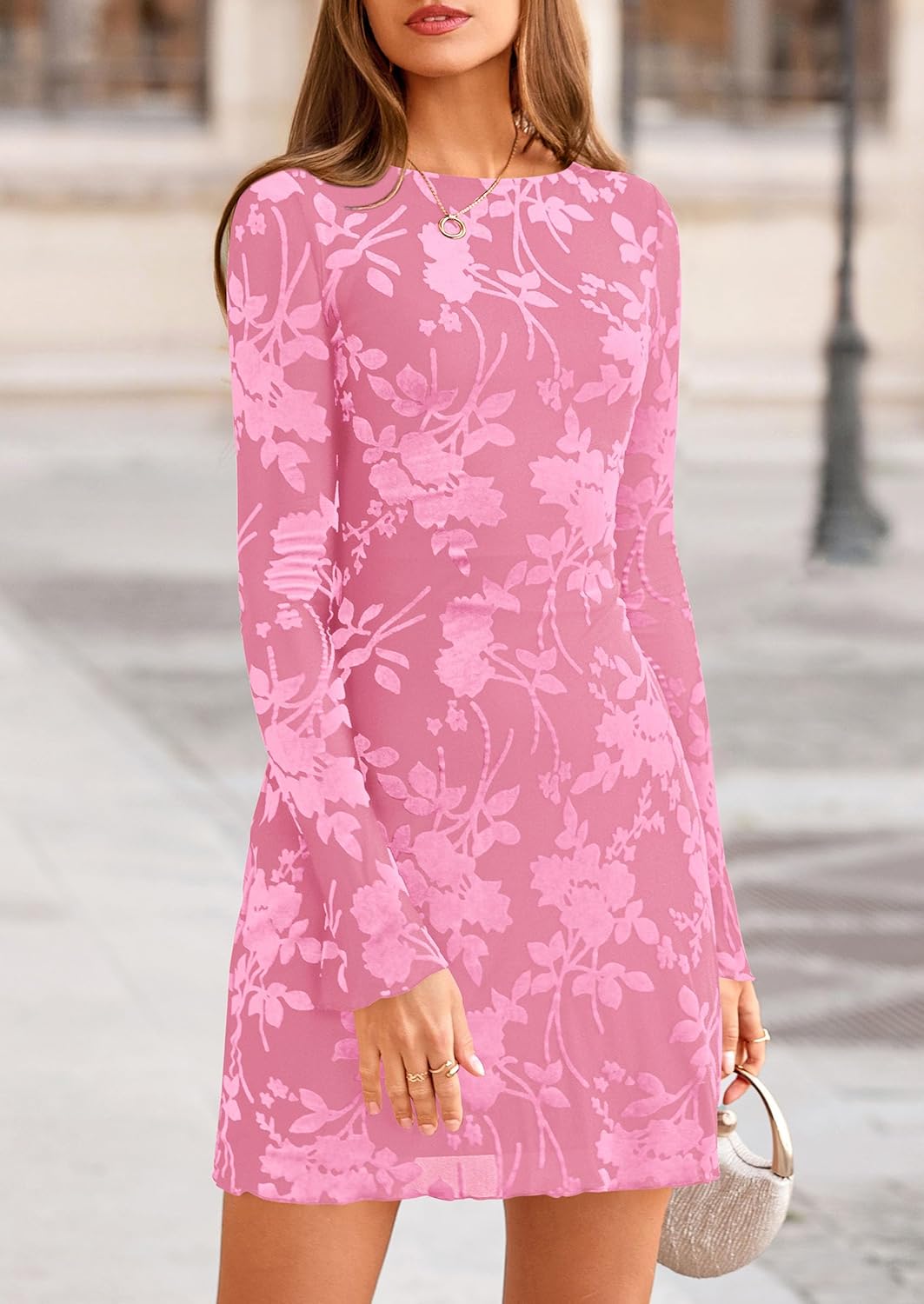 PRETTYGARDEN Women's 2026 Fall Fashion Floral Long Sleeve Mini Dress Mesh Bodycon Short Party Date Night Going Out Dresses - Image 2