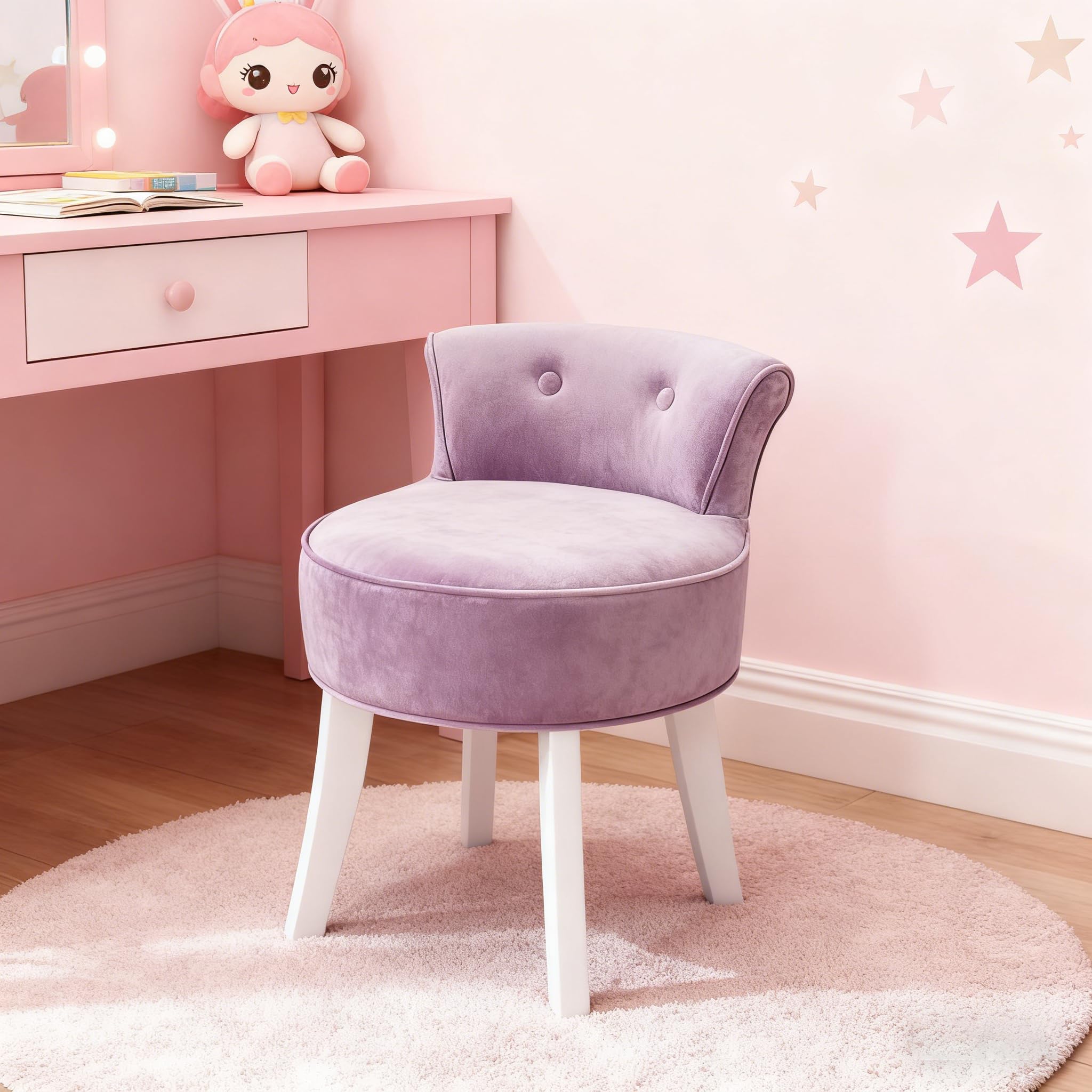 Qivange Velvet Vanity Dressing Table Chair with Low Back and Wooden Legs, Makeup Vanity Stool Chair for Bedroom Dressing Table, Purple, 49cm x 49cm x 62cm