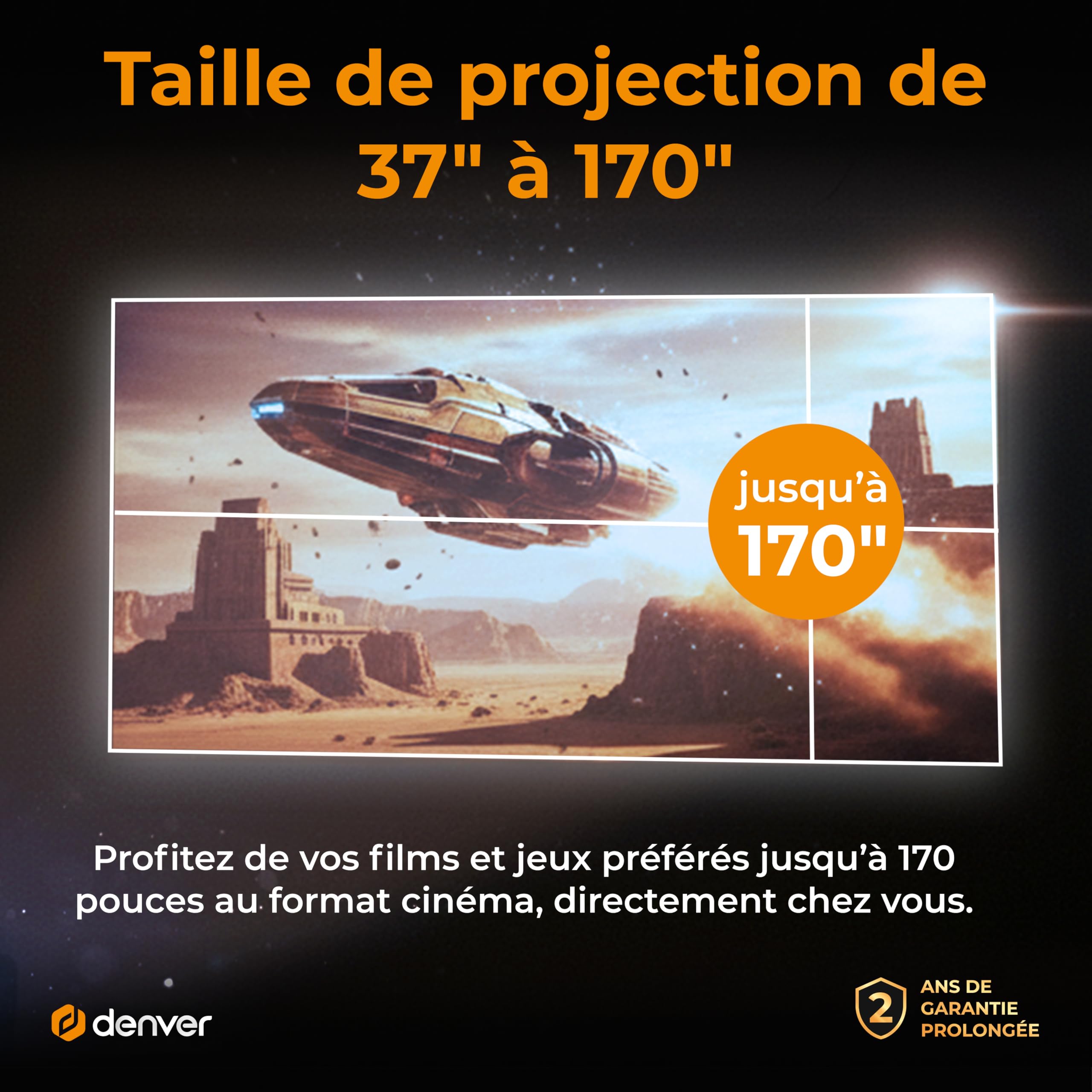 Denver PR-2500 Vidéoprojecteur Full HD 1080p, 175 ANSI lumens, HDMI, USB-A, tête rotative 180°, Projection Jusqu’à 170 Pouces