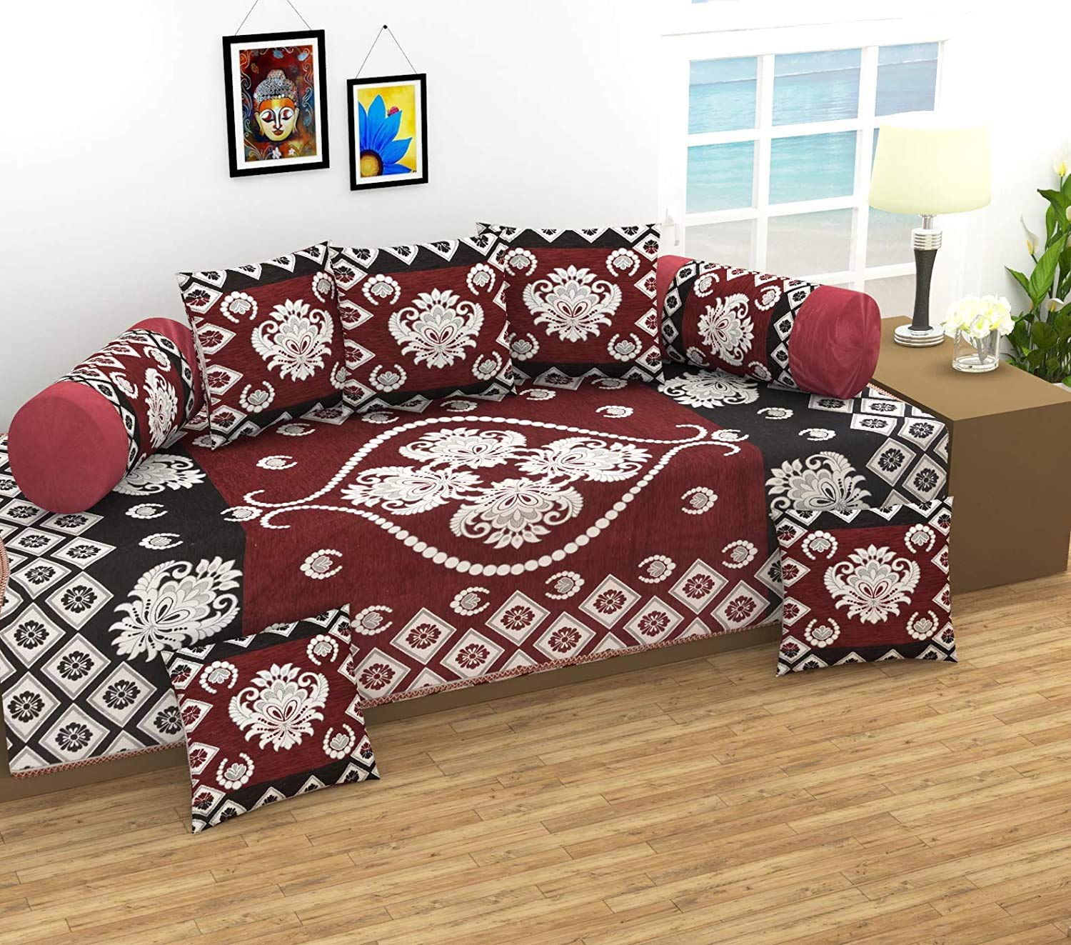 Chenille Velvet Diwan Set of 8 Pieces Combo with Cushions for Living Room 5 Pieces and boosters 2 Pieces (8 Pieces Set) (MAROON1, 8)-image-22
