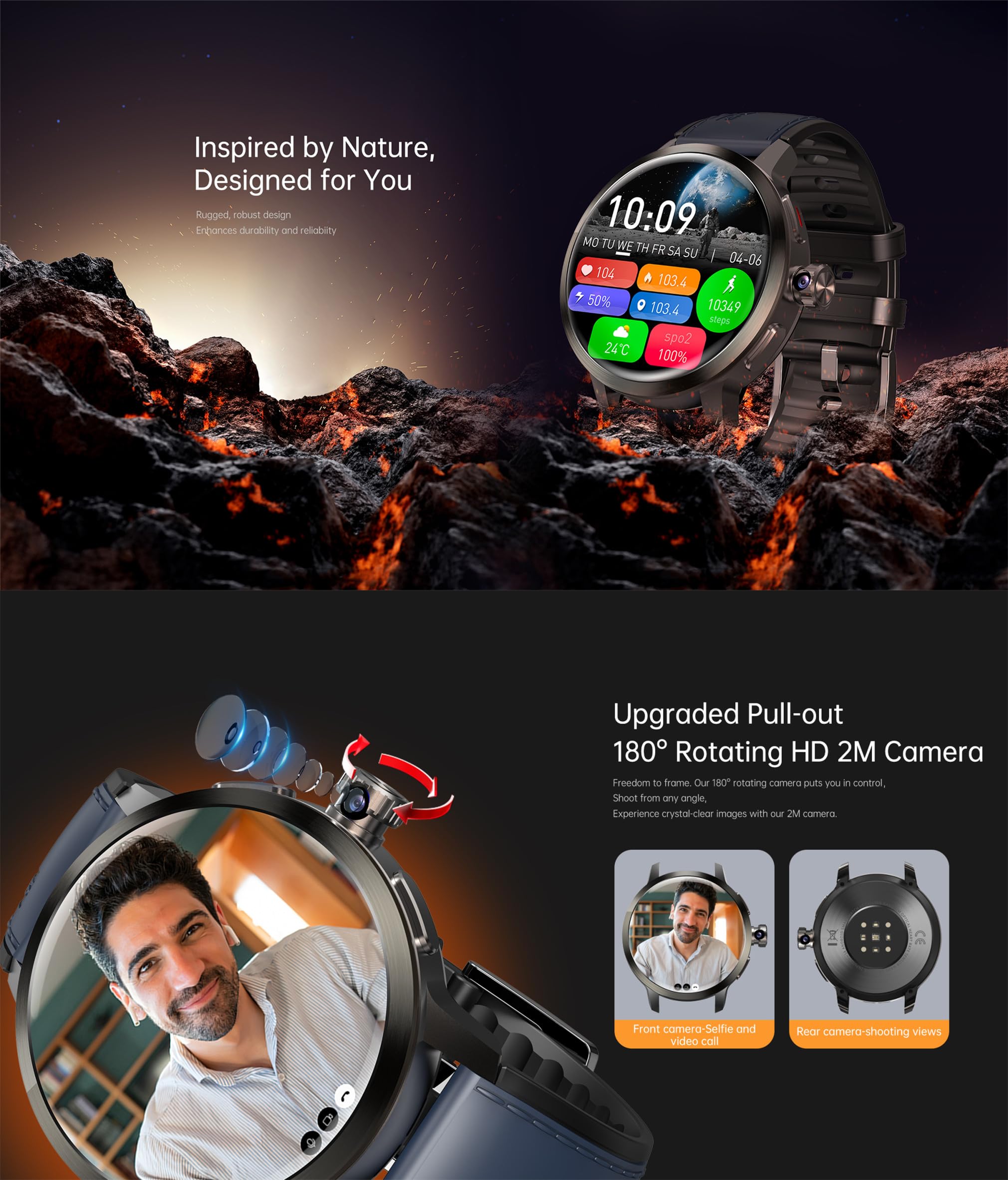 Orologio intelligente 4G SL8541E Quad Core 2GB 16GB Fotocamera rotante da uomo orologio 1.75 "AMOLED schermo grande Android 8.1 Smartwatch 1520mAh WiFi Bluetooth GPS orologio sportivo (Nero)