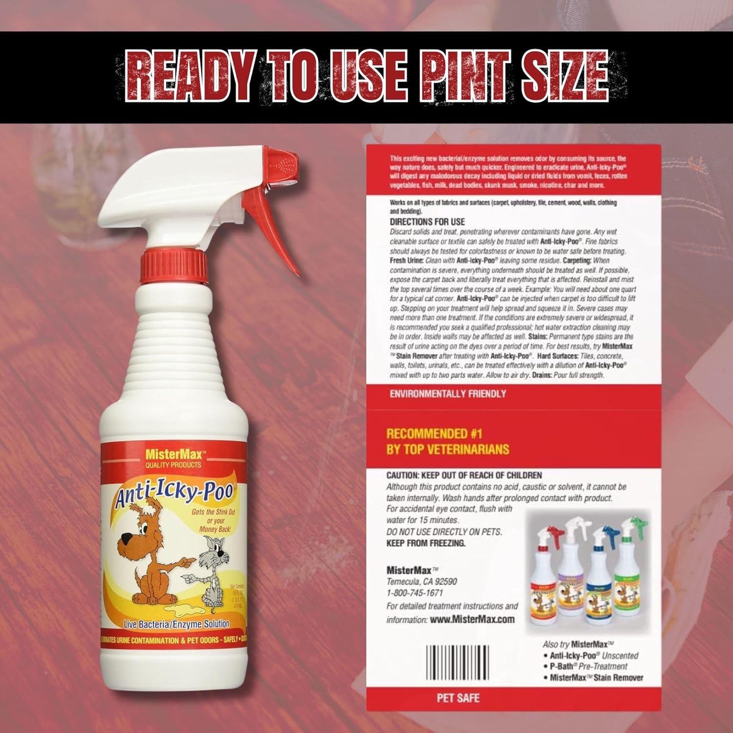 Mister Max Anti Icky Poo Spray - Enzyme Cleaner & Urine Odor Remover for Pets, Animal Urine Enzyme Cleaner & Tough Odor Remover - 1 Pint (16 oz)