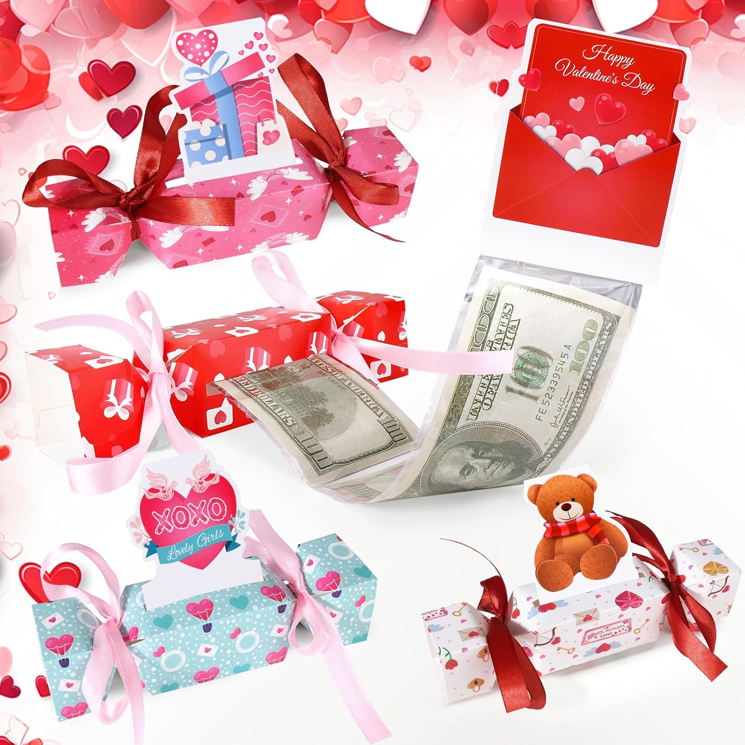 Vodolo 4PCS Valentine's Day Money Box for Cash Gift Pull,Funny Surprise Box Money Gift Box for Kids Adults,Candy Money Holders Exploding Money Roll Pull Pouch,Creative Ways to Give Money Gifts