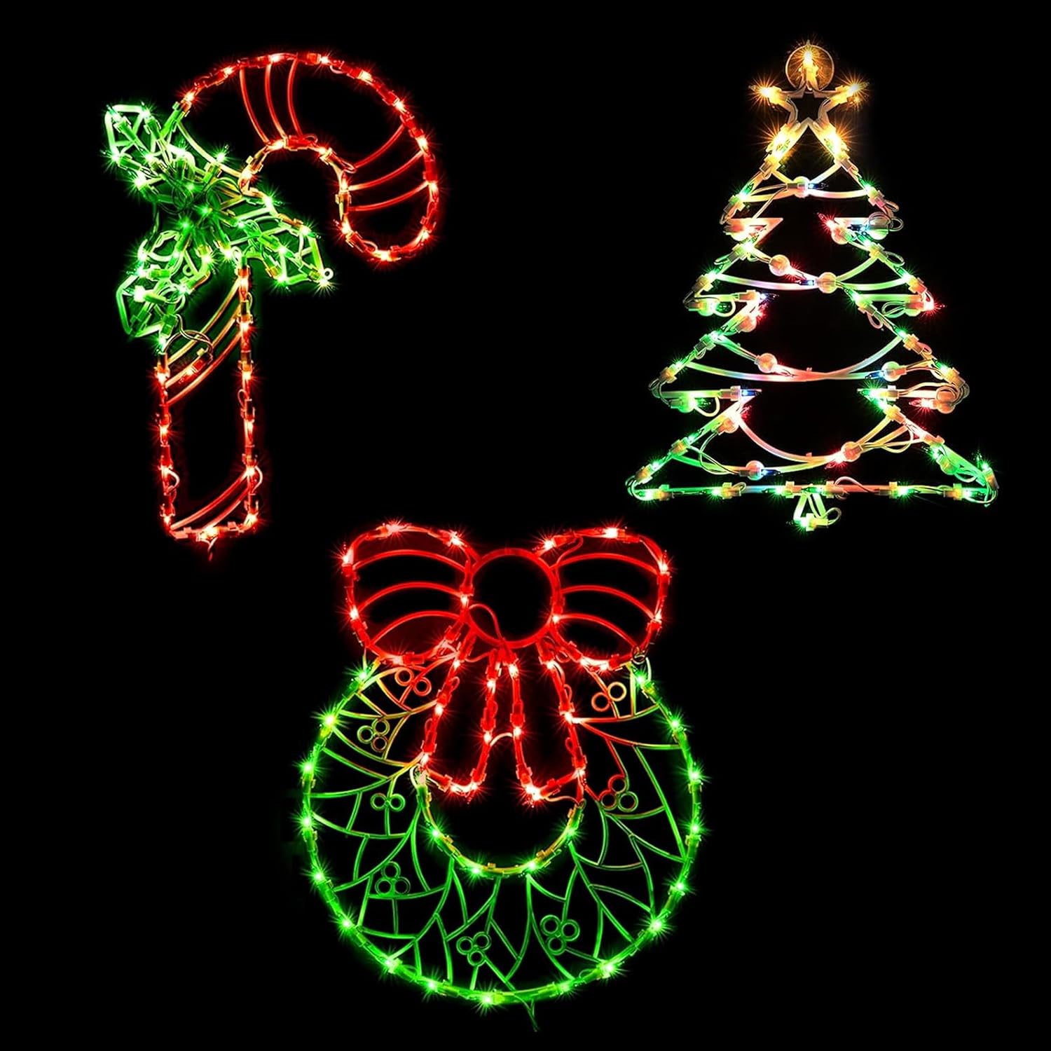 Lighted Christmas Decorations for Windows, Pack of 3 Plug-in Christmas Window Silhouette Lights for Xmas, Party, Home, Patio Lawn, Garden Decorations (Cane & Wreath & Xmas Tree)