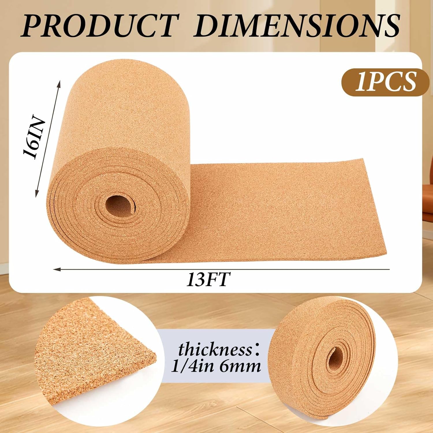 Pangda Multi-Purpose Cork Board Roll 16in x 13ft, 1/4" Thick Cork Roll for Bulletin Boards Decorative Photo and Message Push Pin Displays Versatile for Home, School, and Office