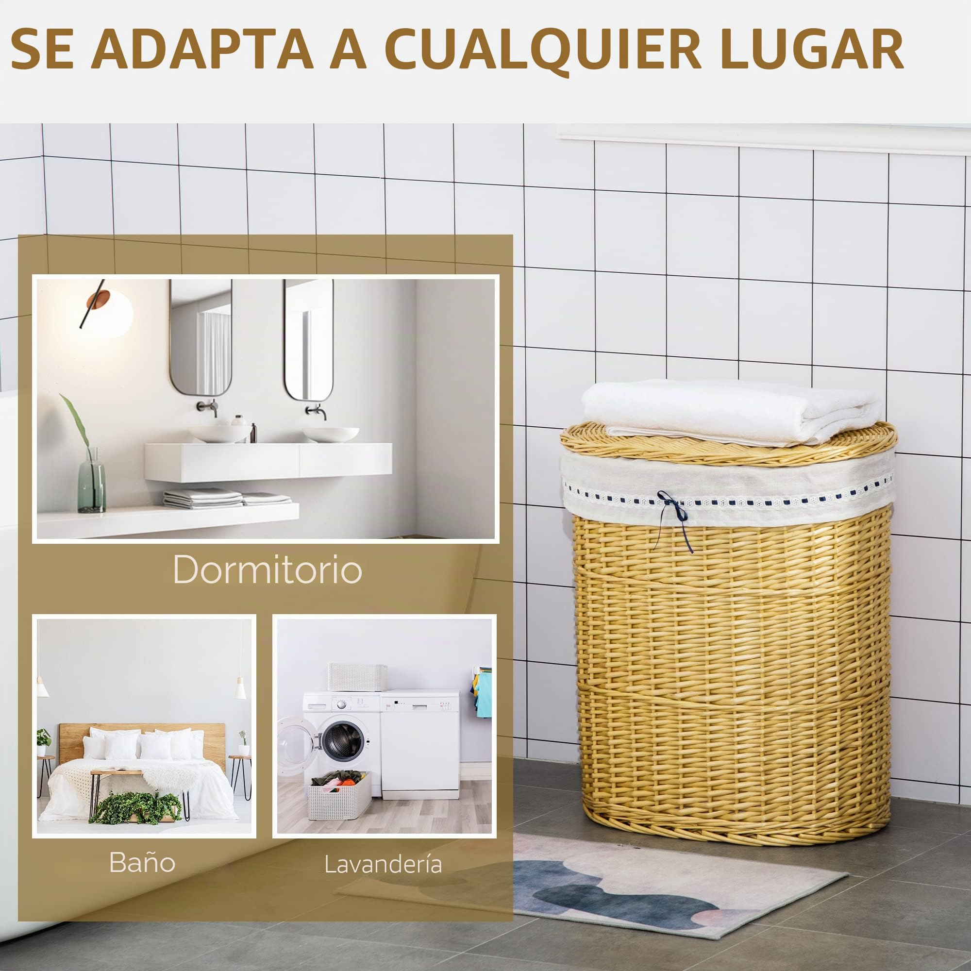 HOMCOM Cesta de Ropa Willow con Tapa, Bolsa de Ropa Extraíble, Natural | Canasta de ropa con asa, para baño, lavandería, dormitorio